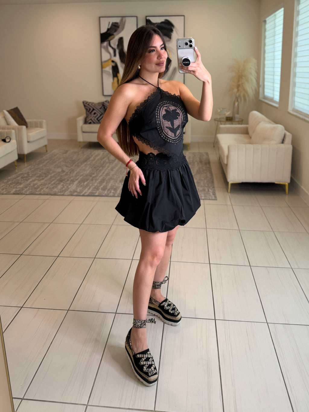 Blossom Crochet Black Balloon Skirt Set