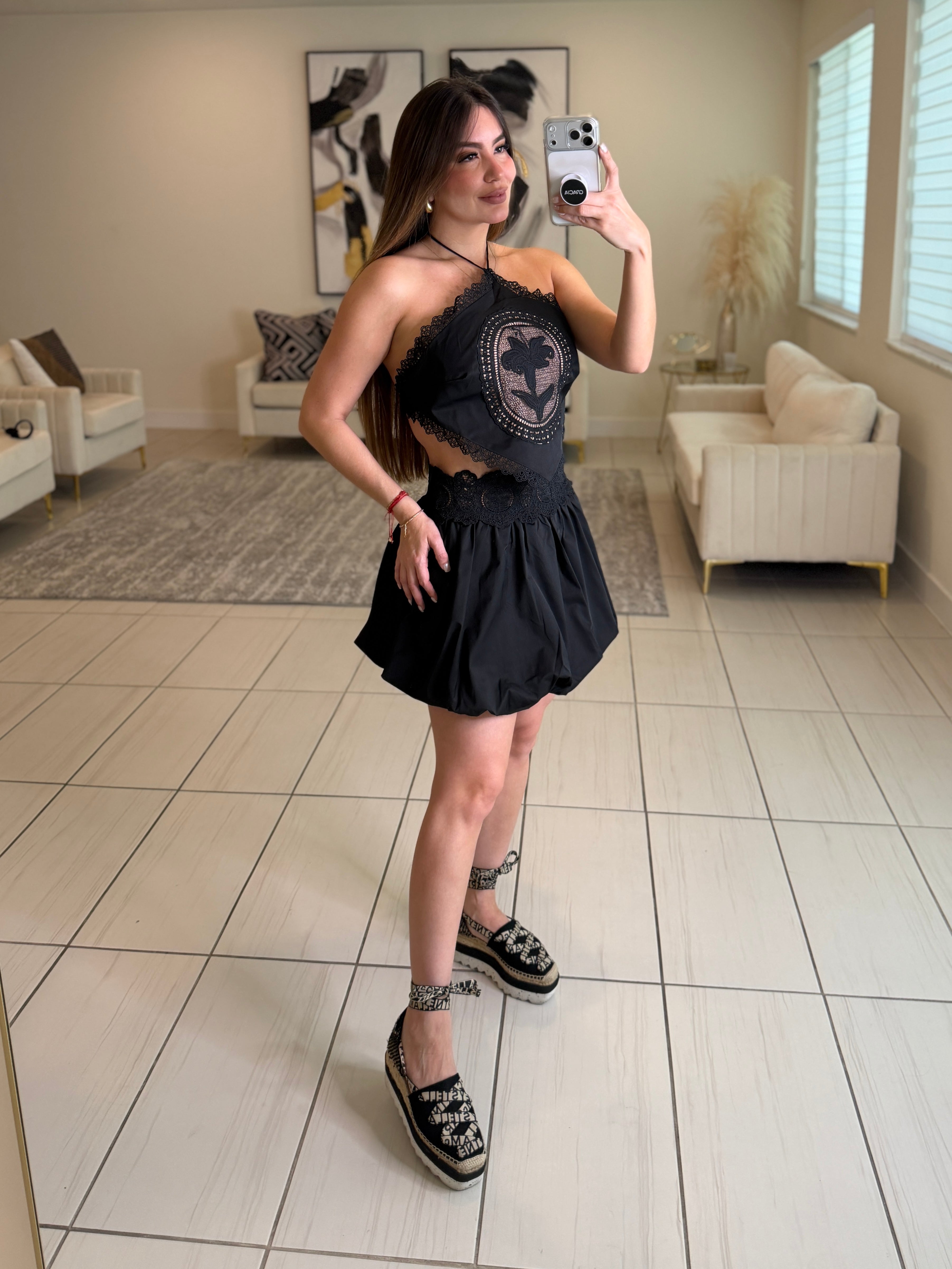 Blossom Crochet Black Balloon Skirt Set