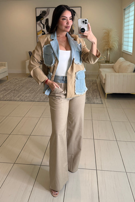 Iconic Contrast Beige and Denim Blazer