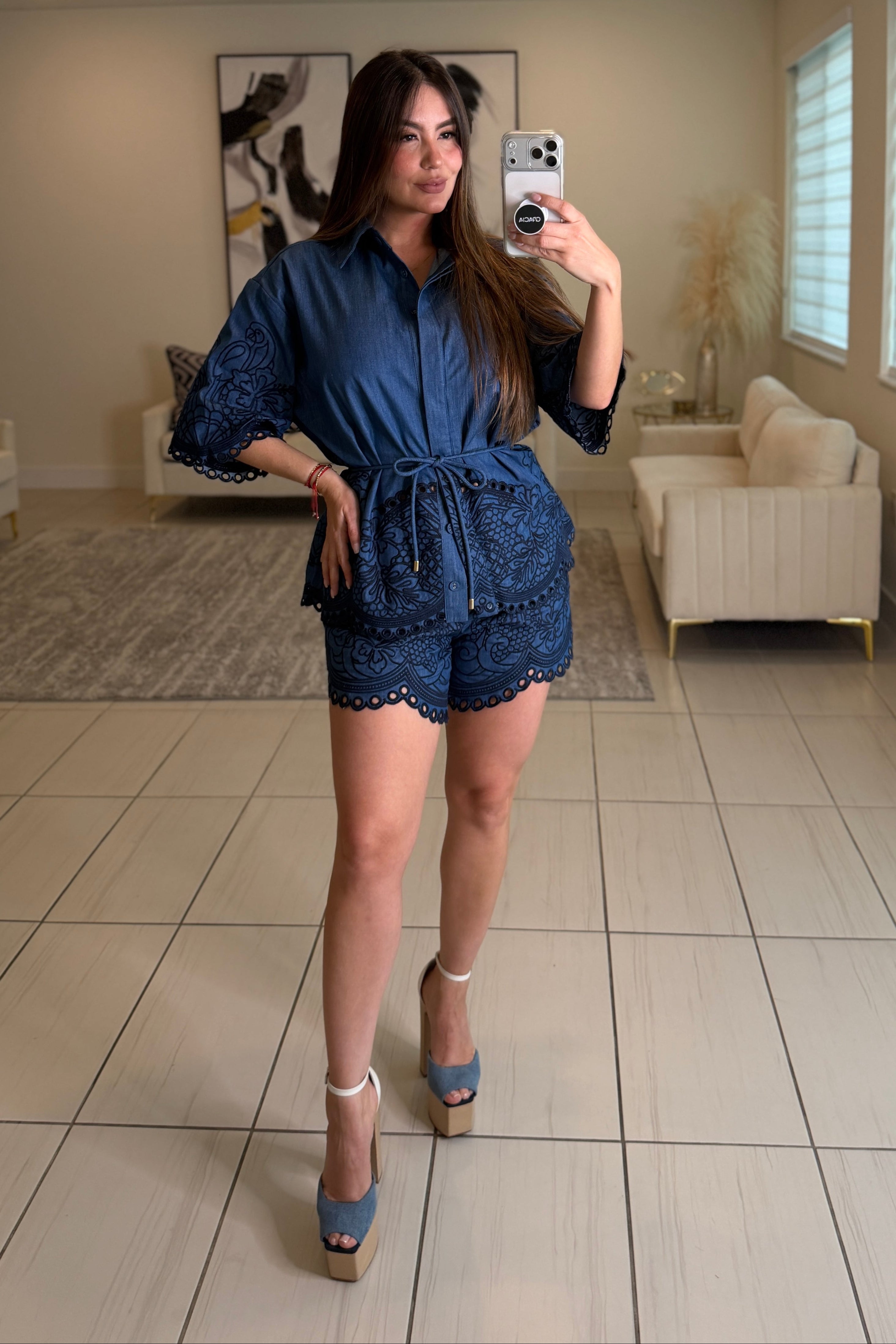 Paradise Embroidered Denim Short Set