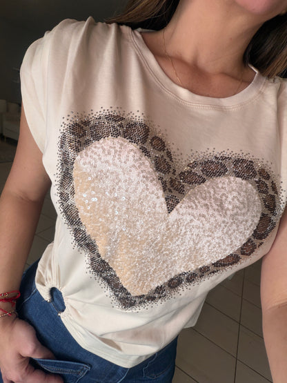 Leopard Heart Stones Beige Top