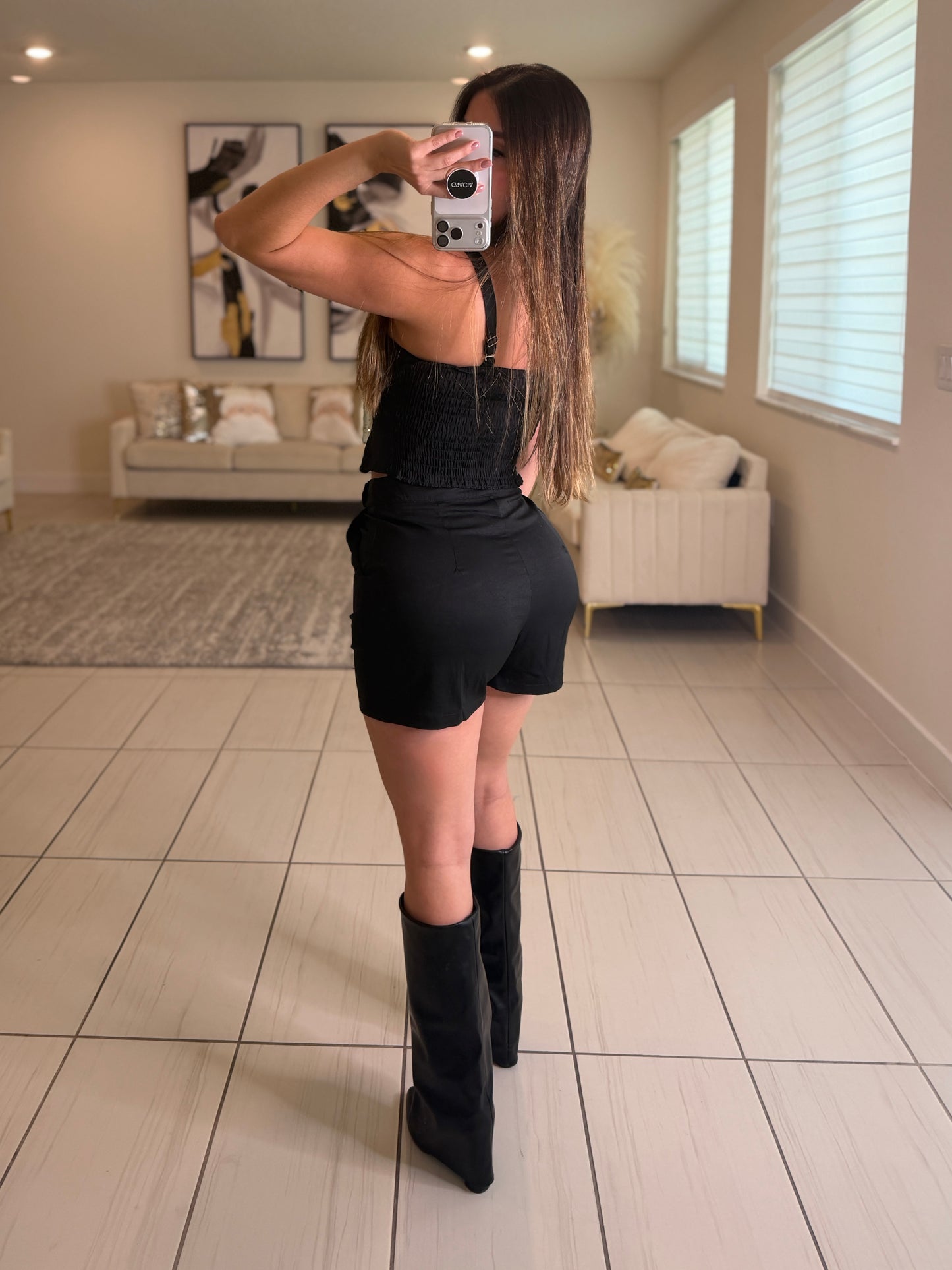 Power Poise Belted Black Short Set