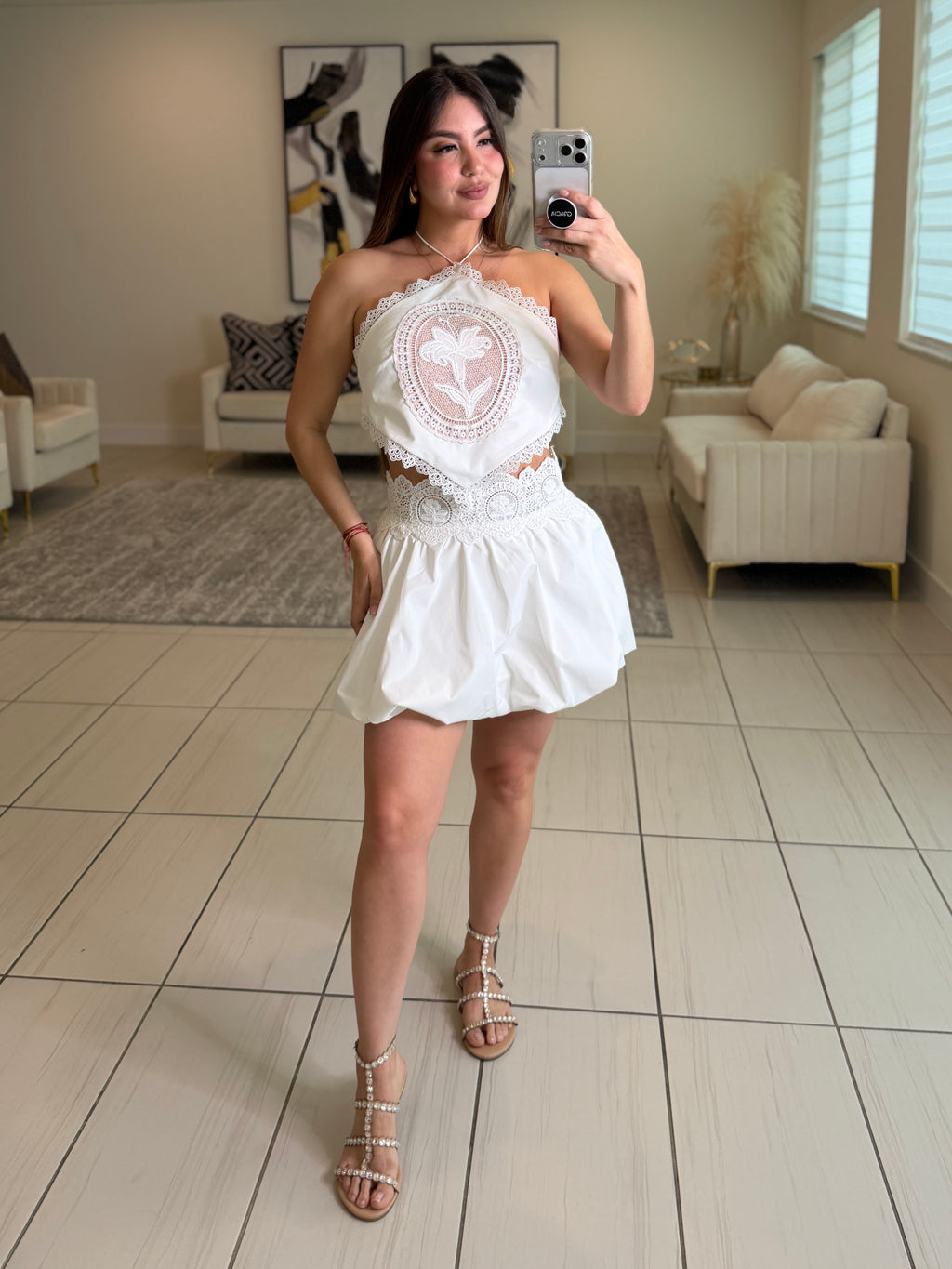 Blossom Crochet White Balloon Skirt Set