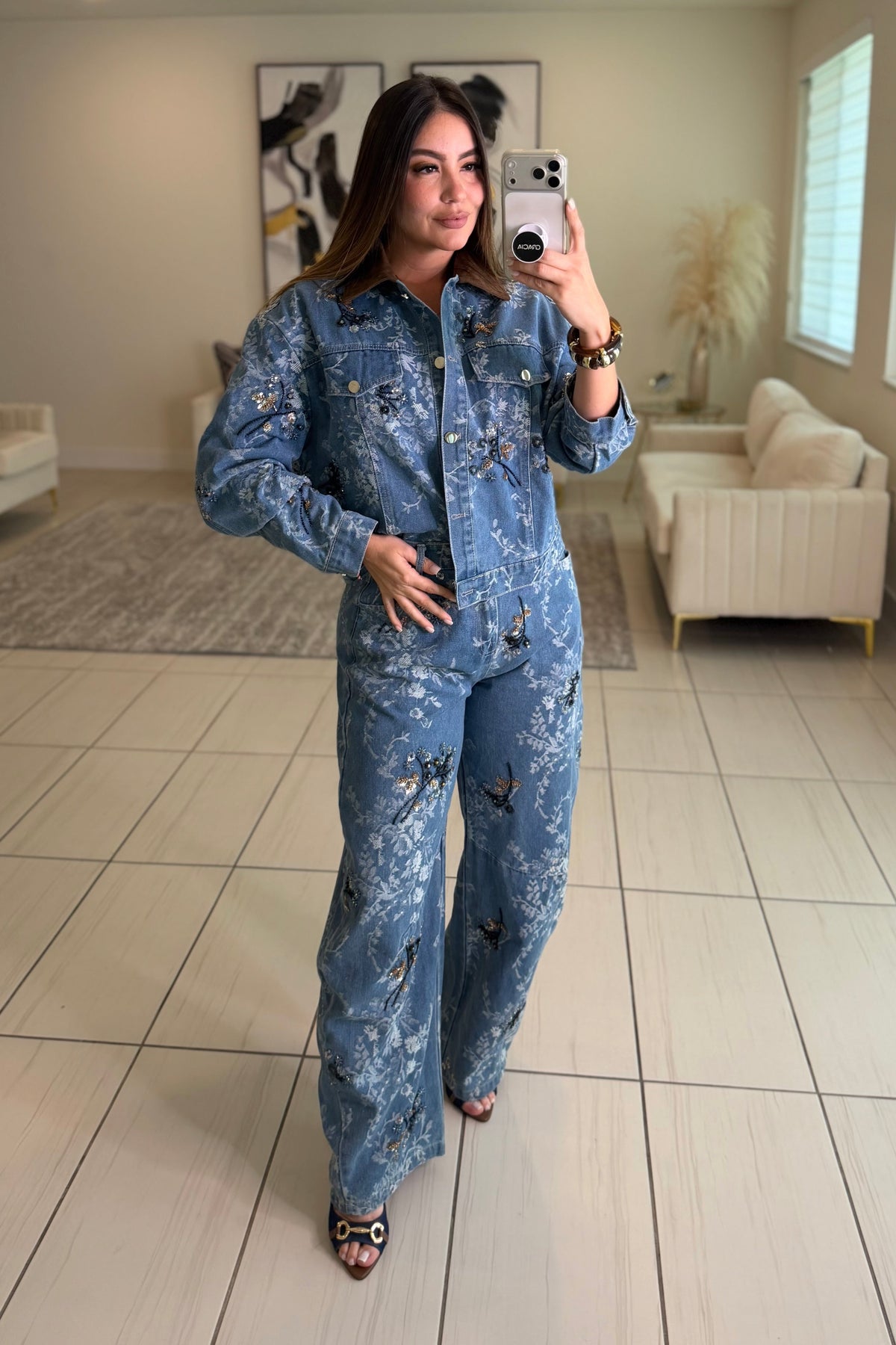 Sequin Blossom Denim Barrel Pant Set