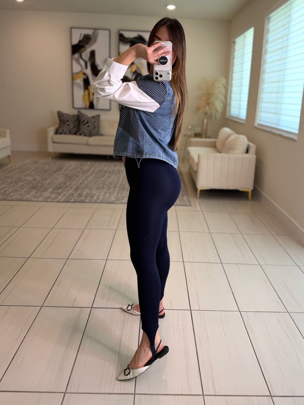 Bow Contrast White and Denim Shirt