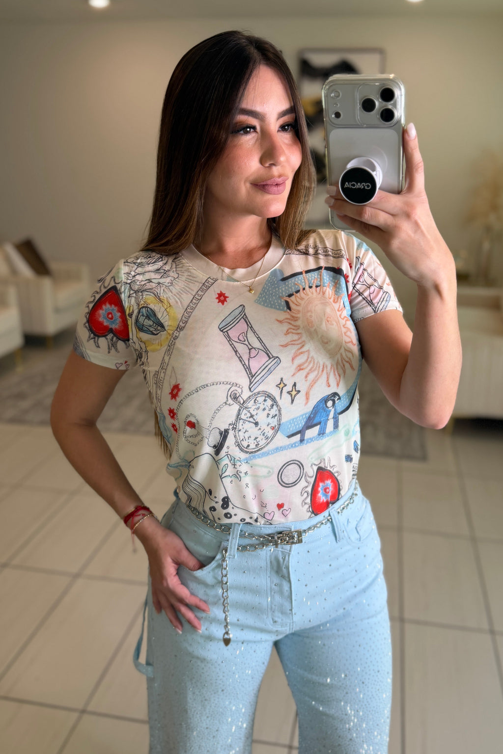 Cool Beige Mesh Printed Top