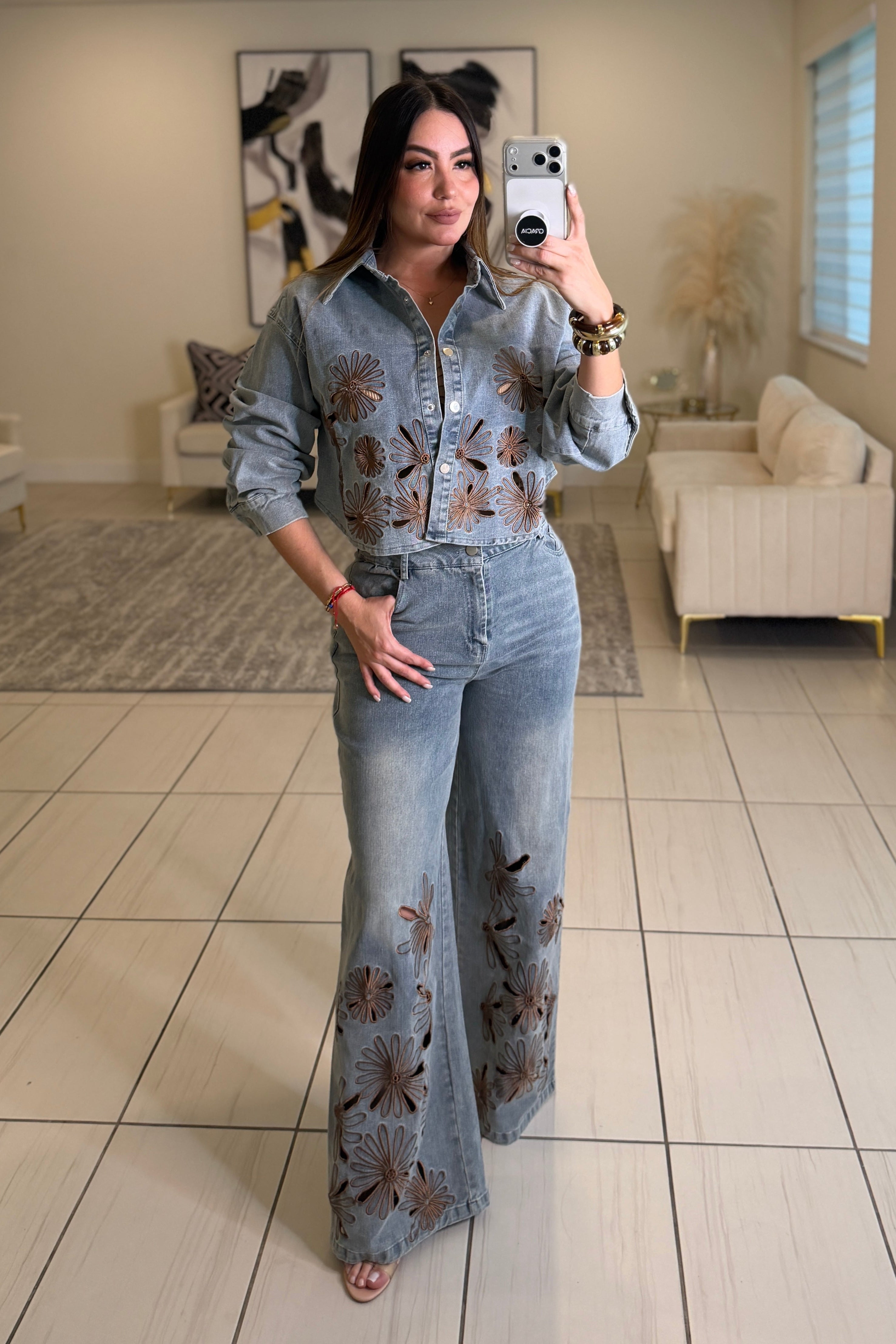 Brown Blossoms Denim Pant Set