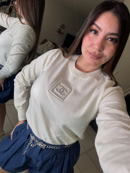 Iconic Rhinestones Knit Off White Sweater