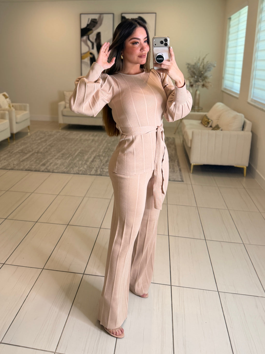 Checkmate Knit Beige Pant Set