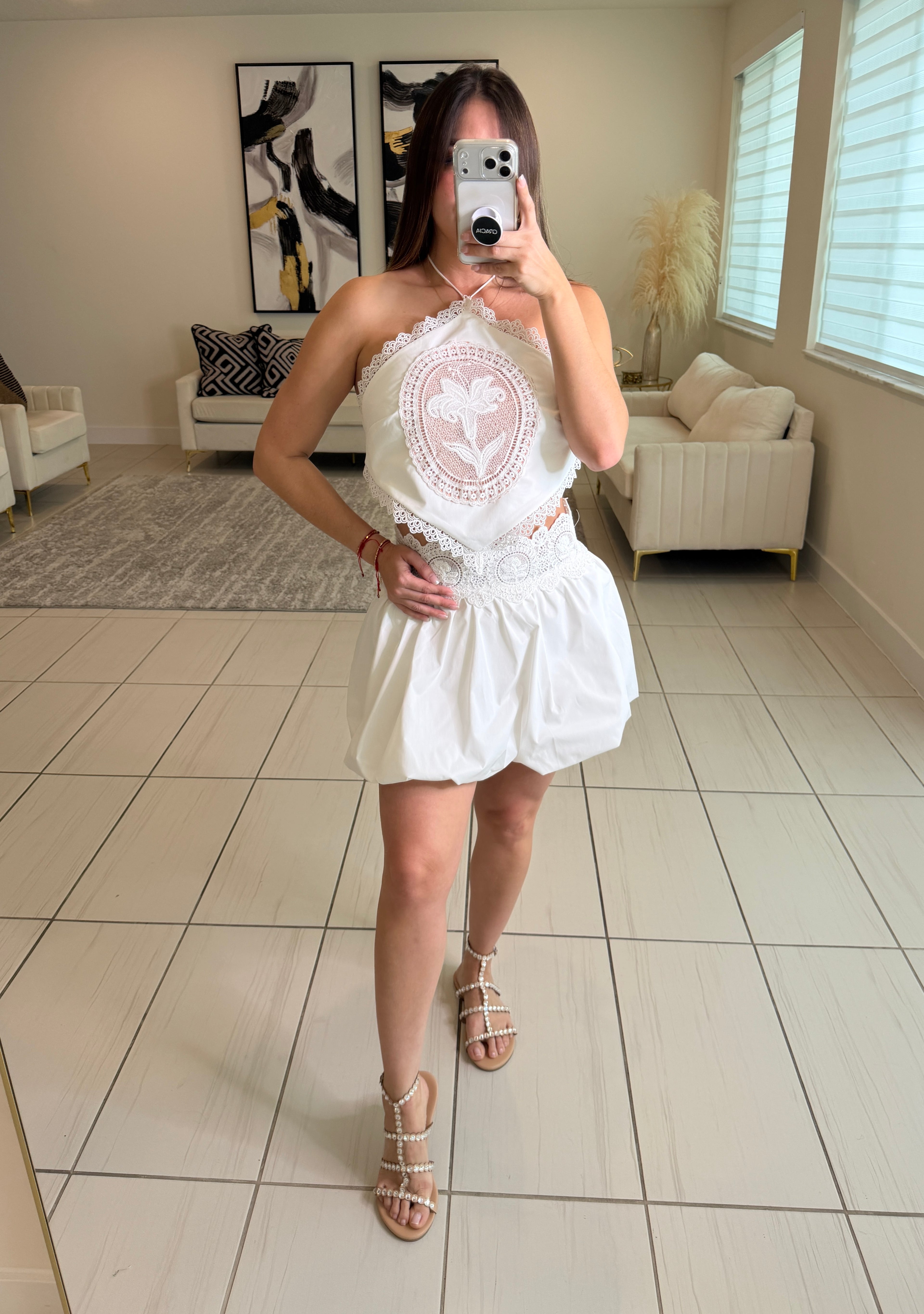 Blossom Crochet White Balloon Skirt Set