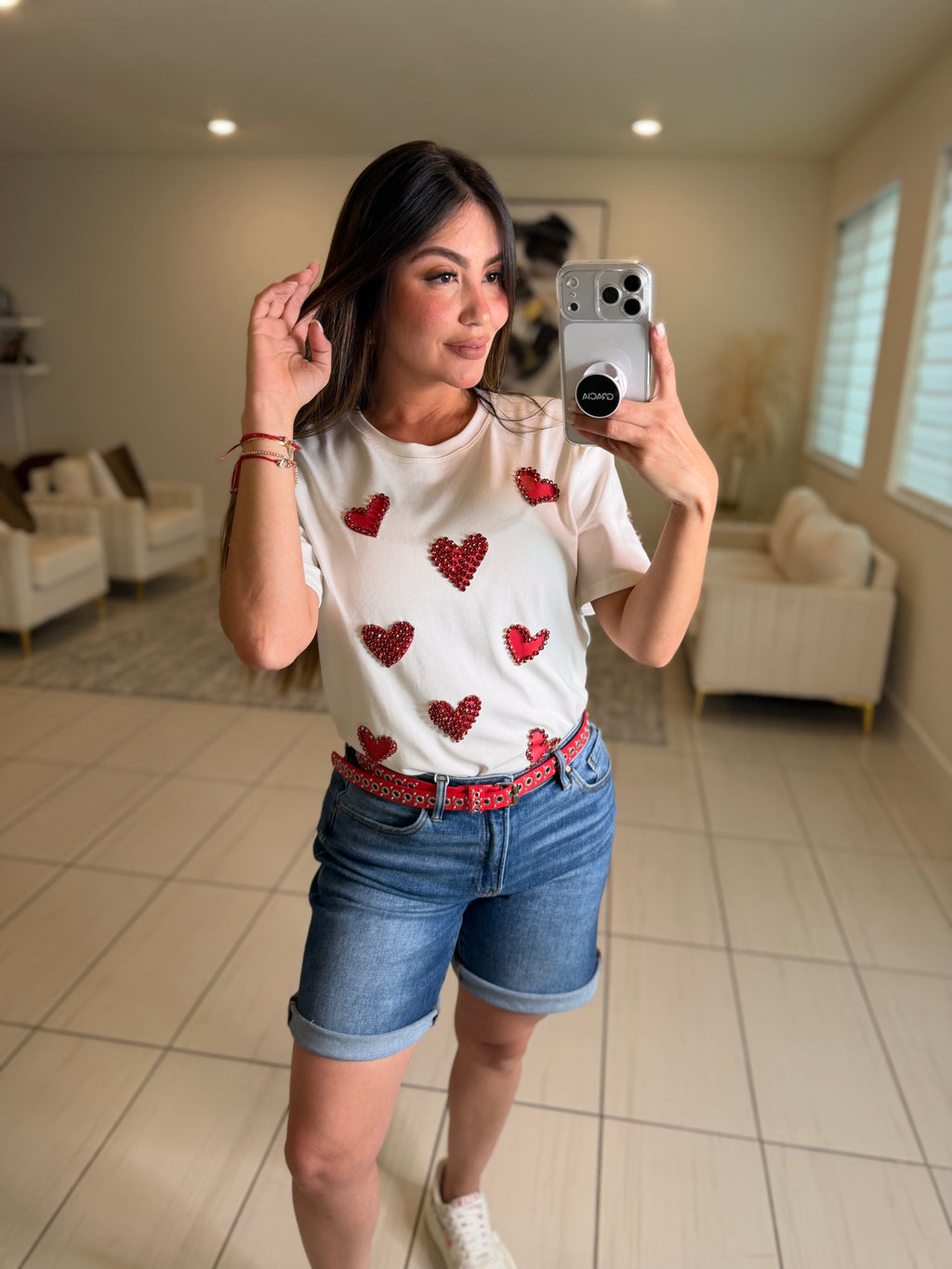 Rhinestones Hearts White Tshirt