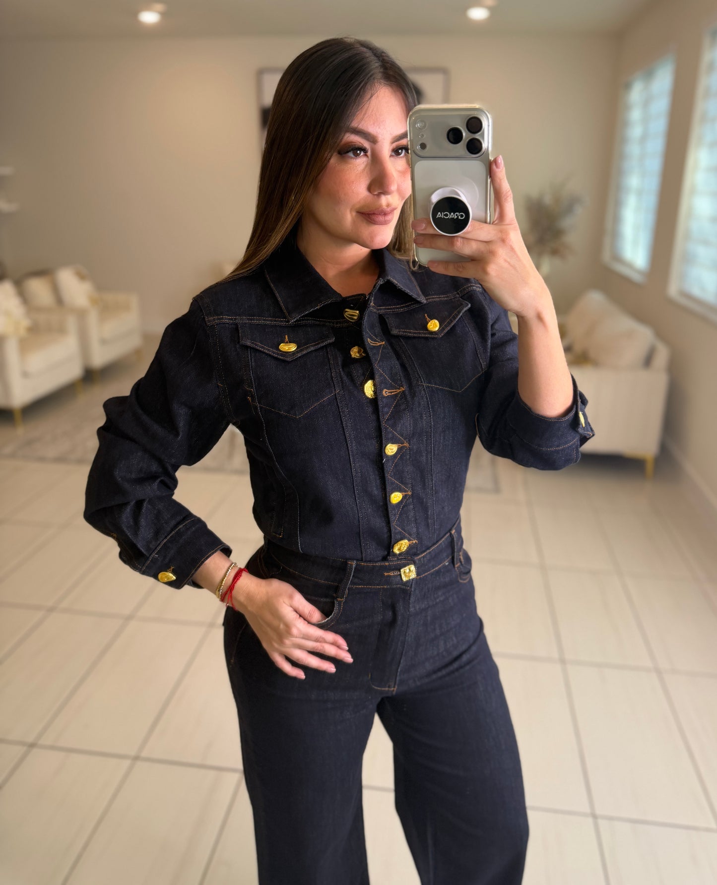 Luxe Gold Button Denim Pant Set