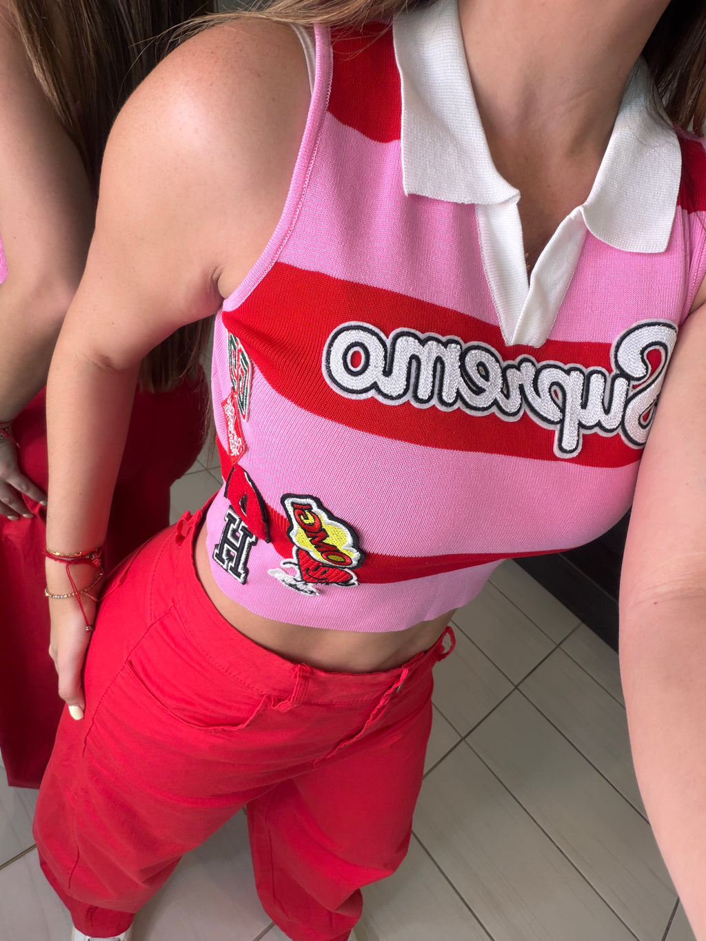 Supremo Horizontal Stripes Red and Pink Top