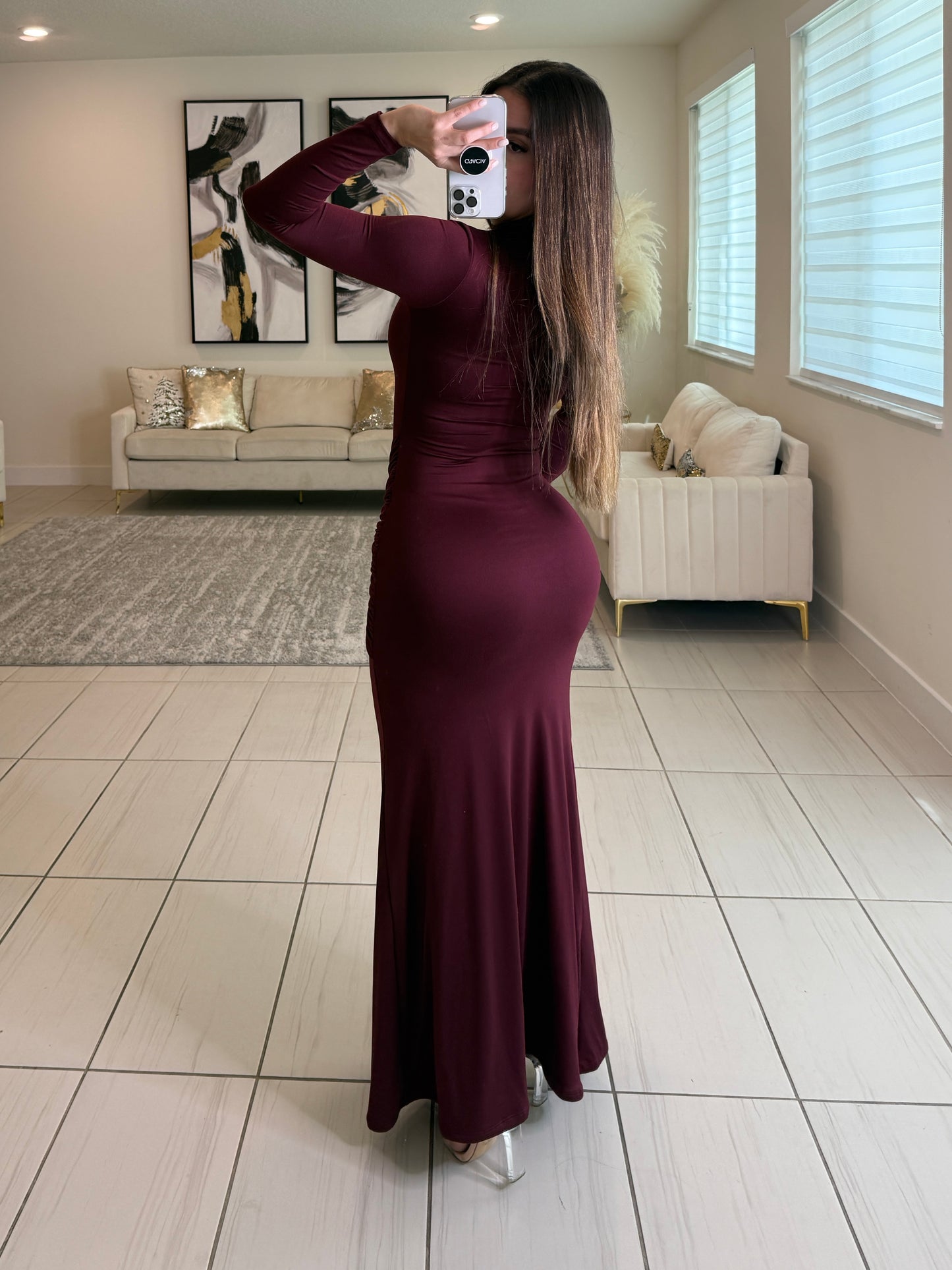 Midnight Ember Ruched Wine Maxi Dress