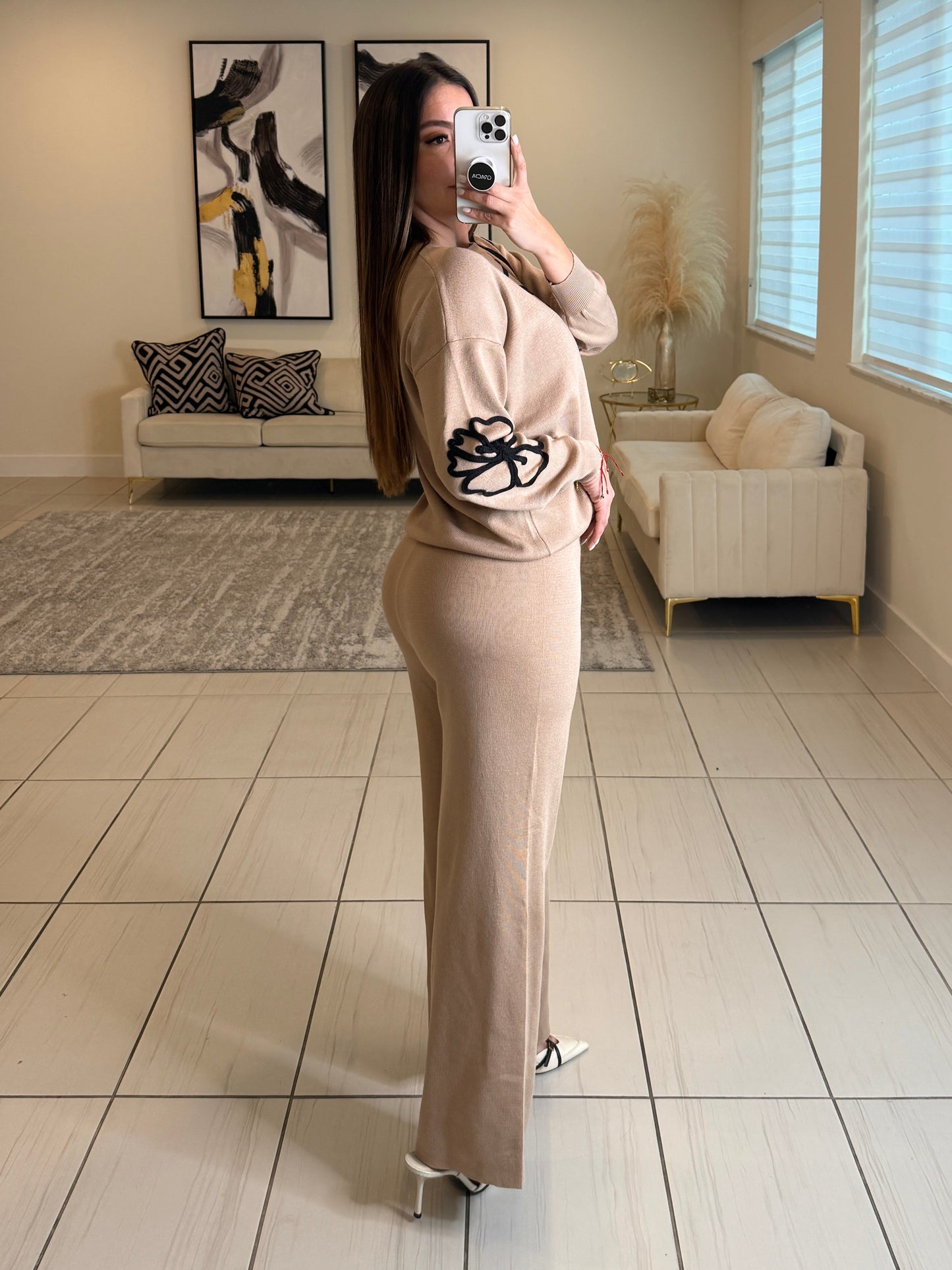 Woven Serenity Knit Beige Pant Set