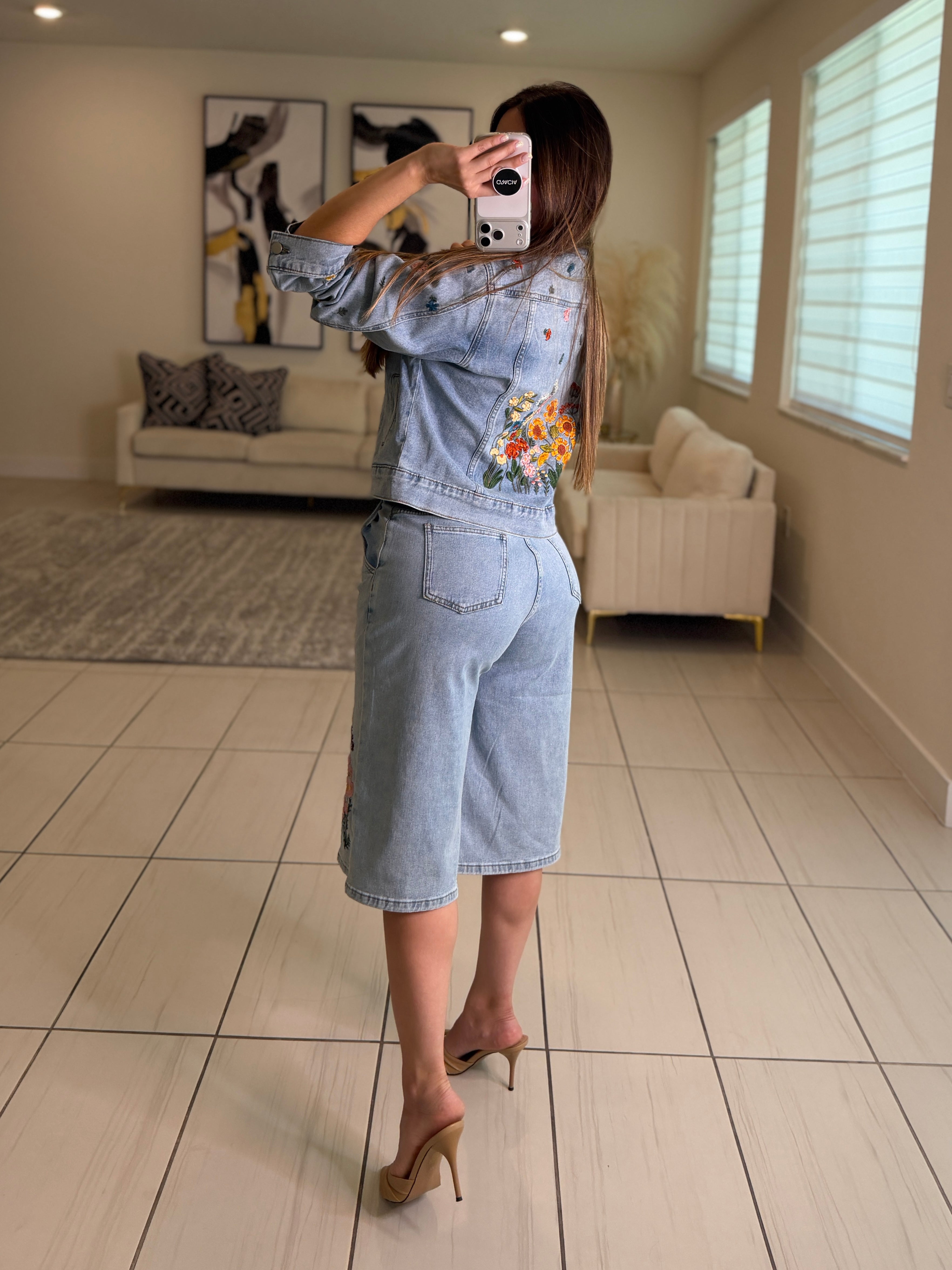 Bloom Embroidered Denim Shorts Set