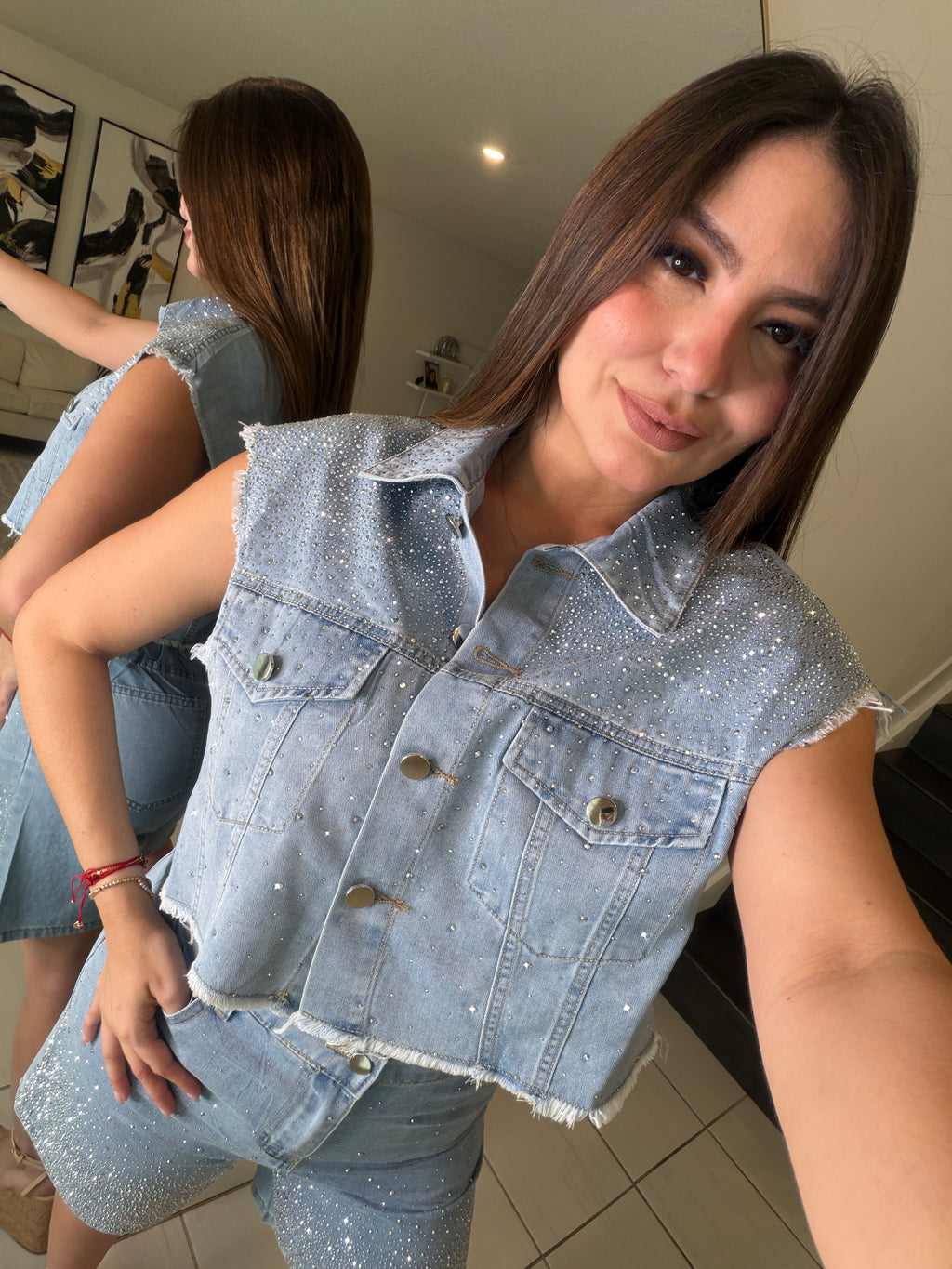 Rhinestones Muse Denim Short Set