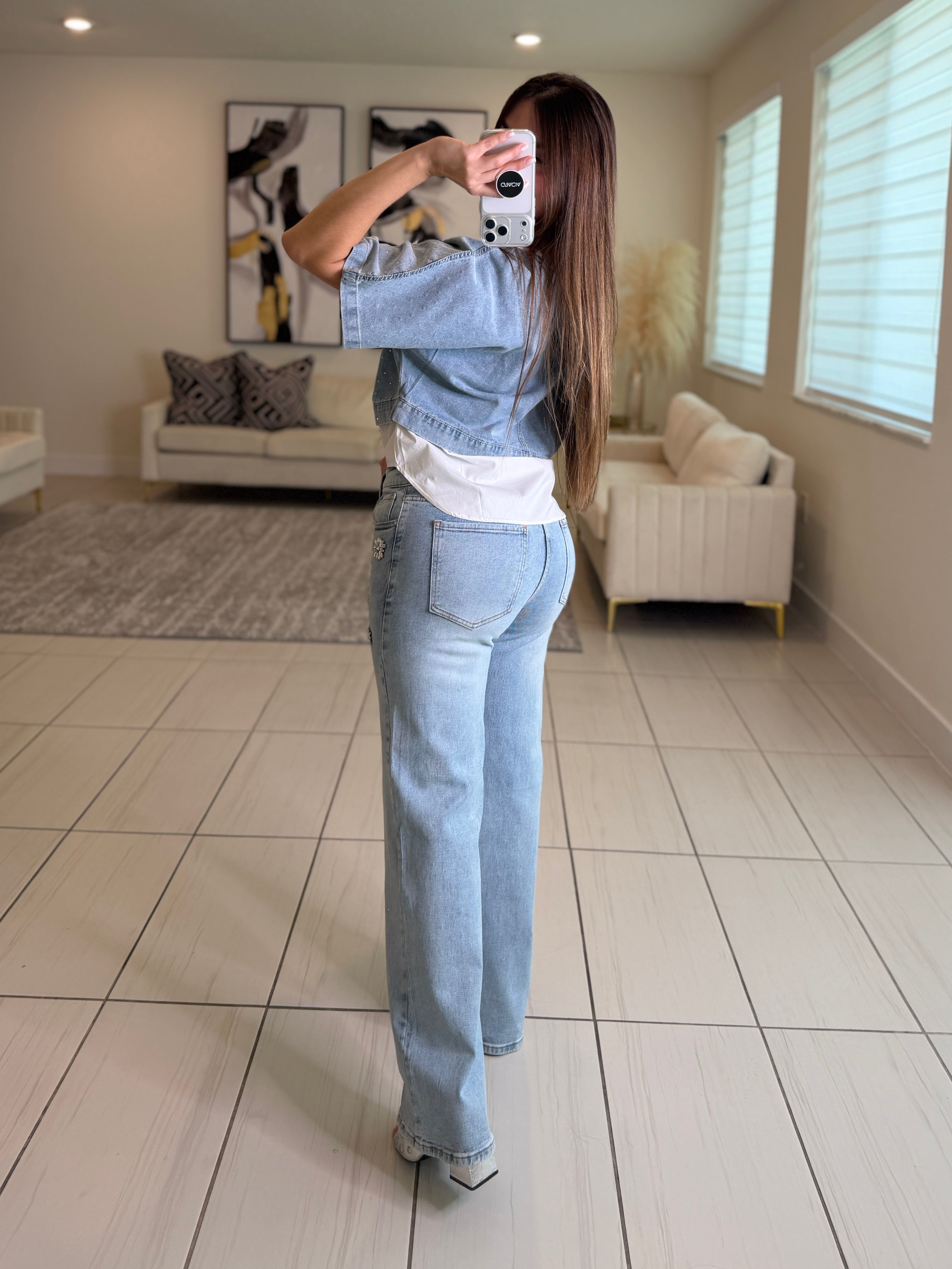 Sparkling Stones Flowers Denim Pants