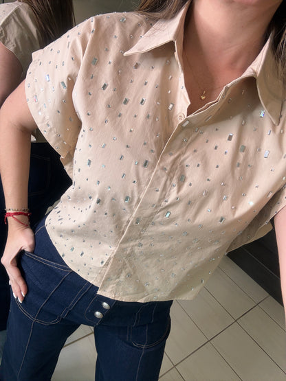 Frame Rhinestone Beige Top