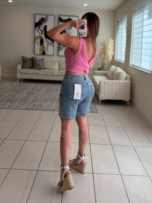 Flowers and Cherries Denim Bermuda Short