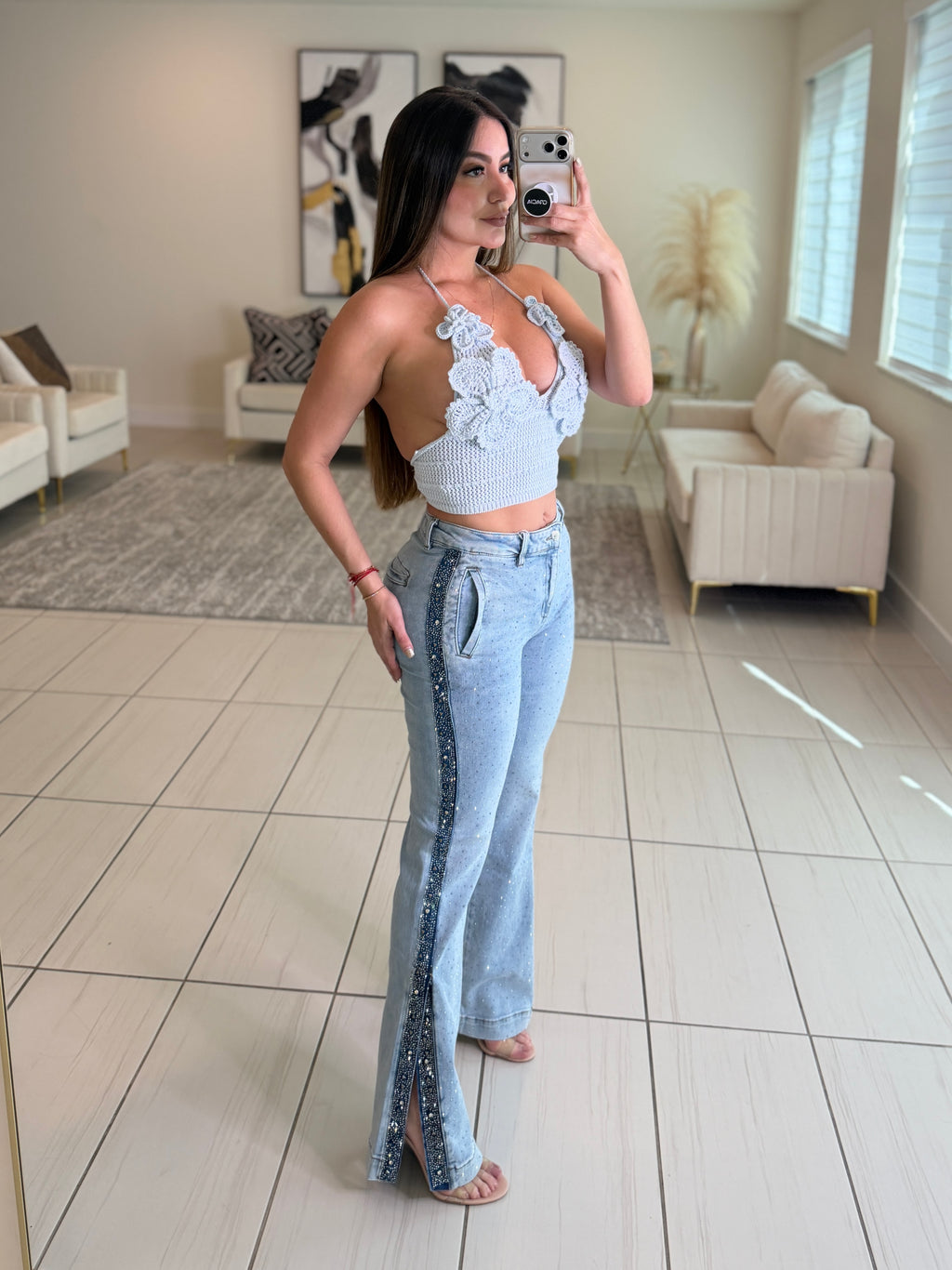 Petal Floral Crochet Blue Top