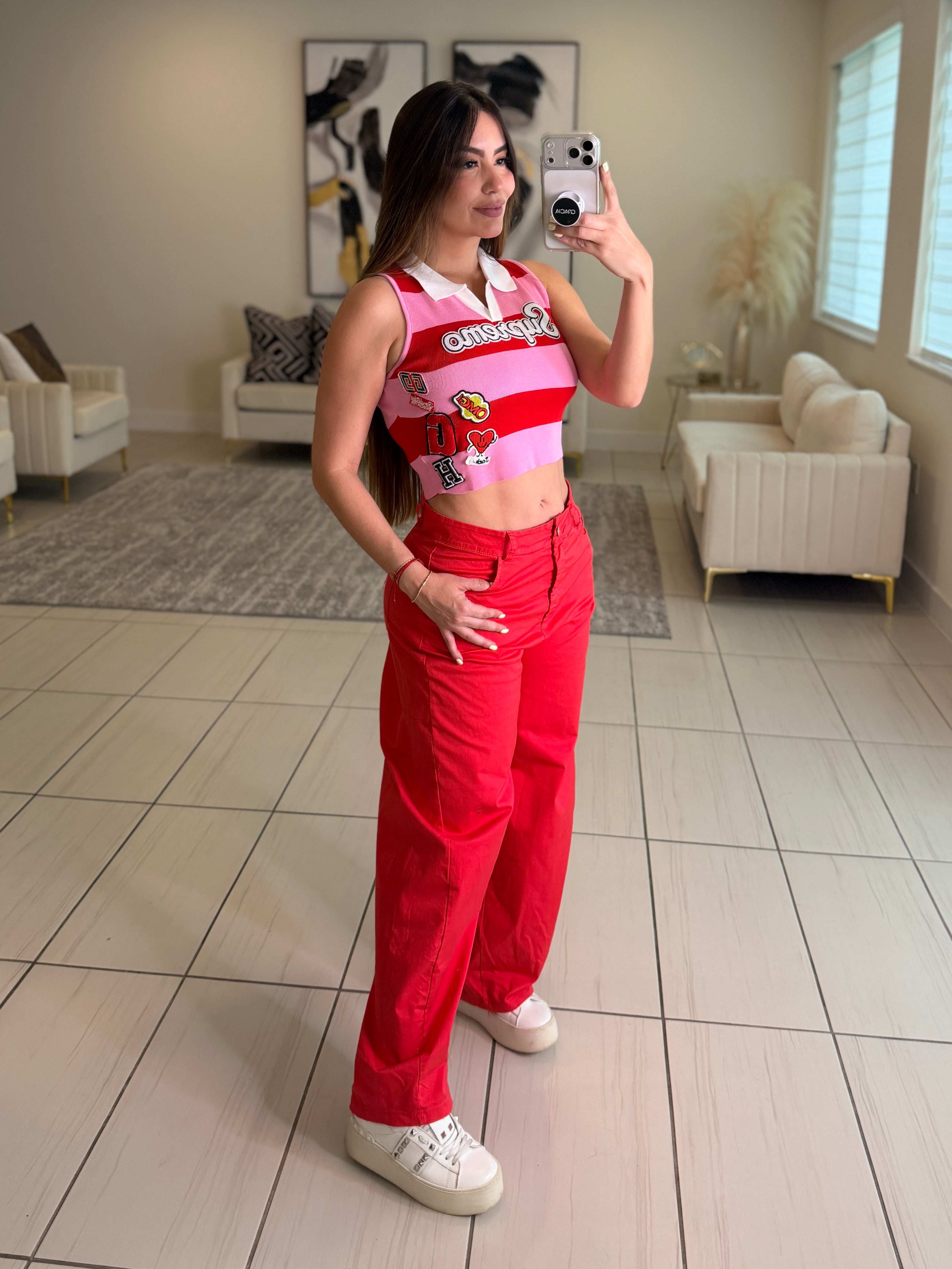 Supremo Horizontal Stripes Red and Pink Top