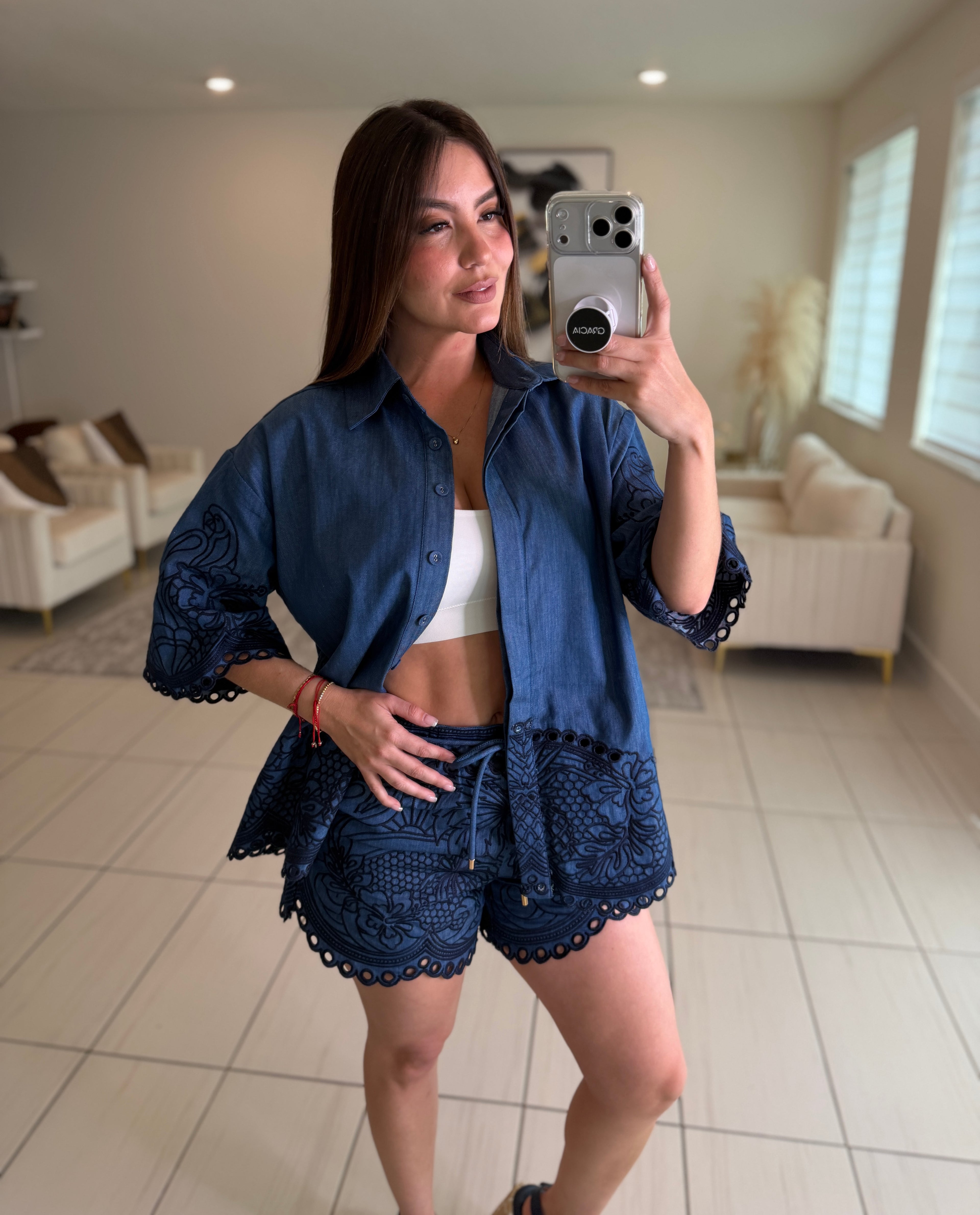 Paradise Embroidered Denim Short Set