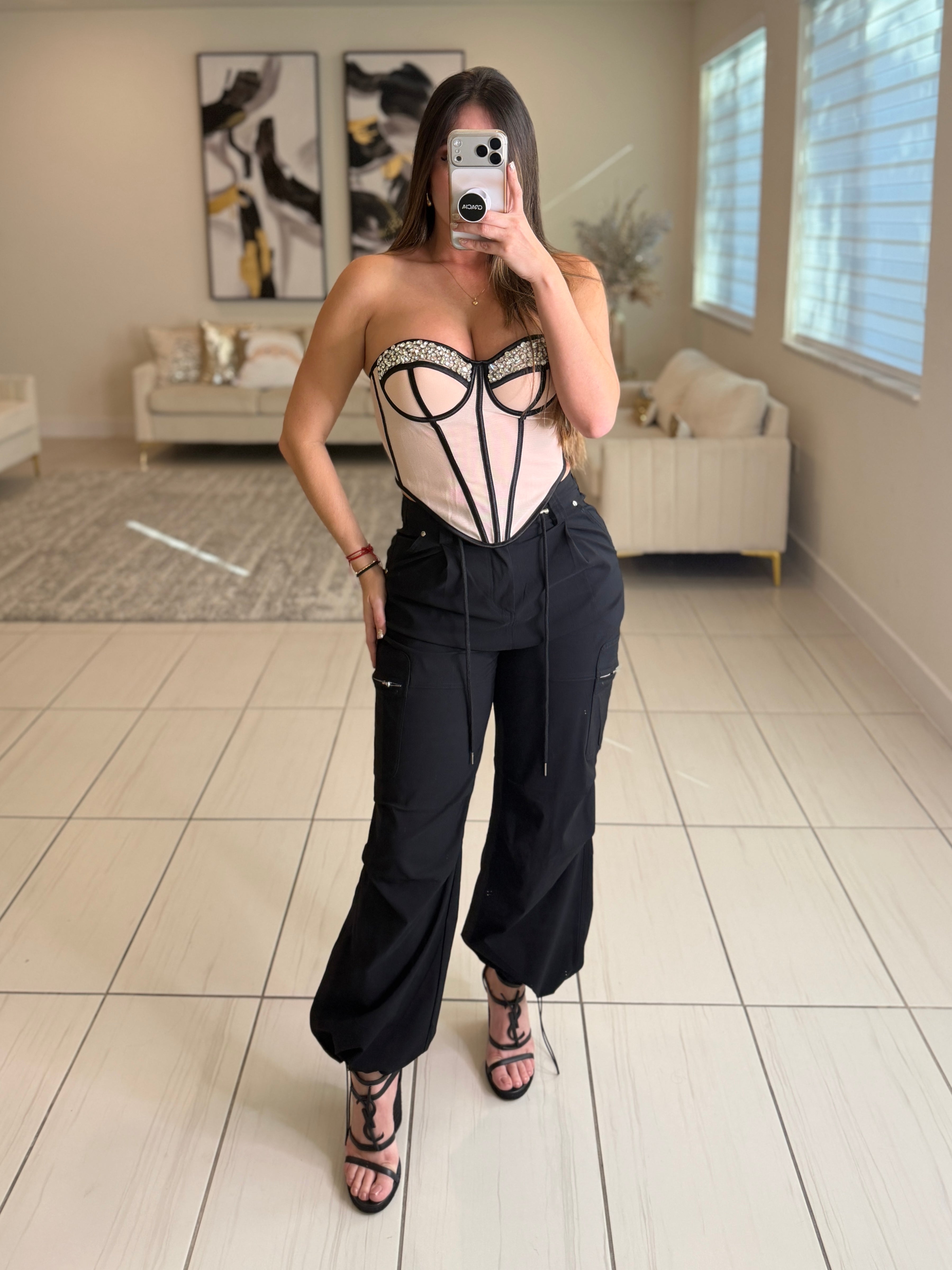 Luxe Rhinestone Beige and Black Corset Top