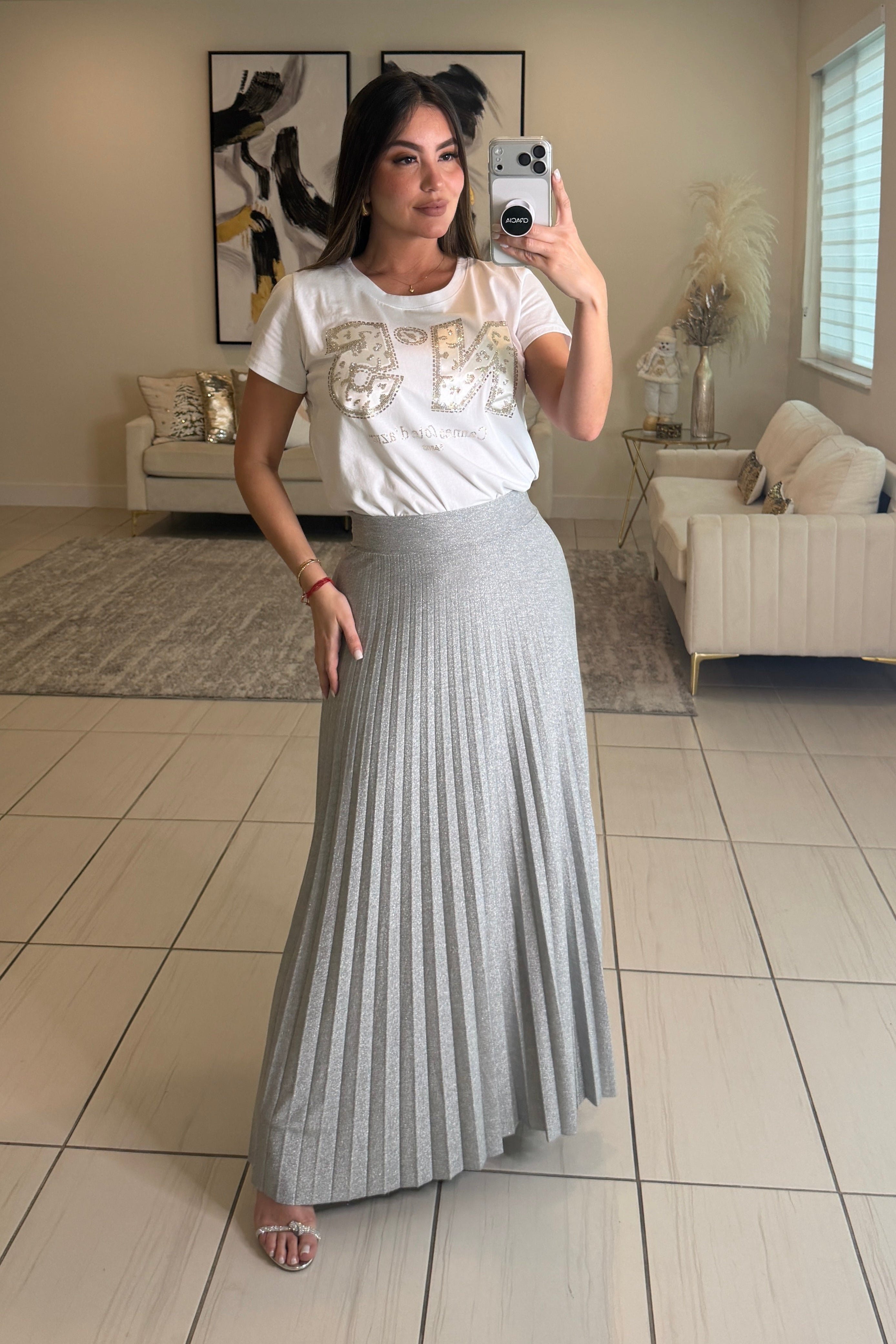 Celestial Pleated Silver Maxi Skirt