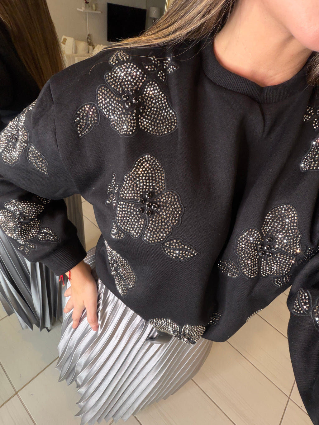 Blossom Rhinestones Black Sweater