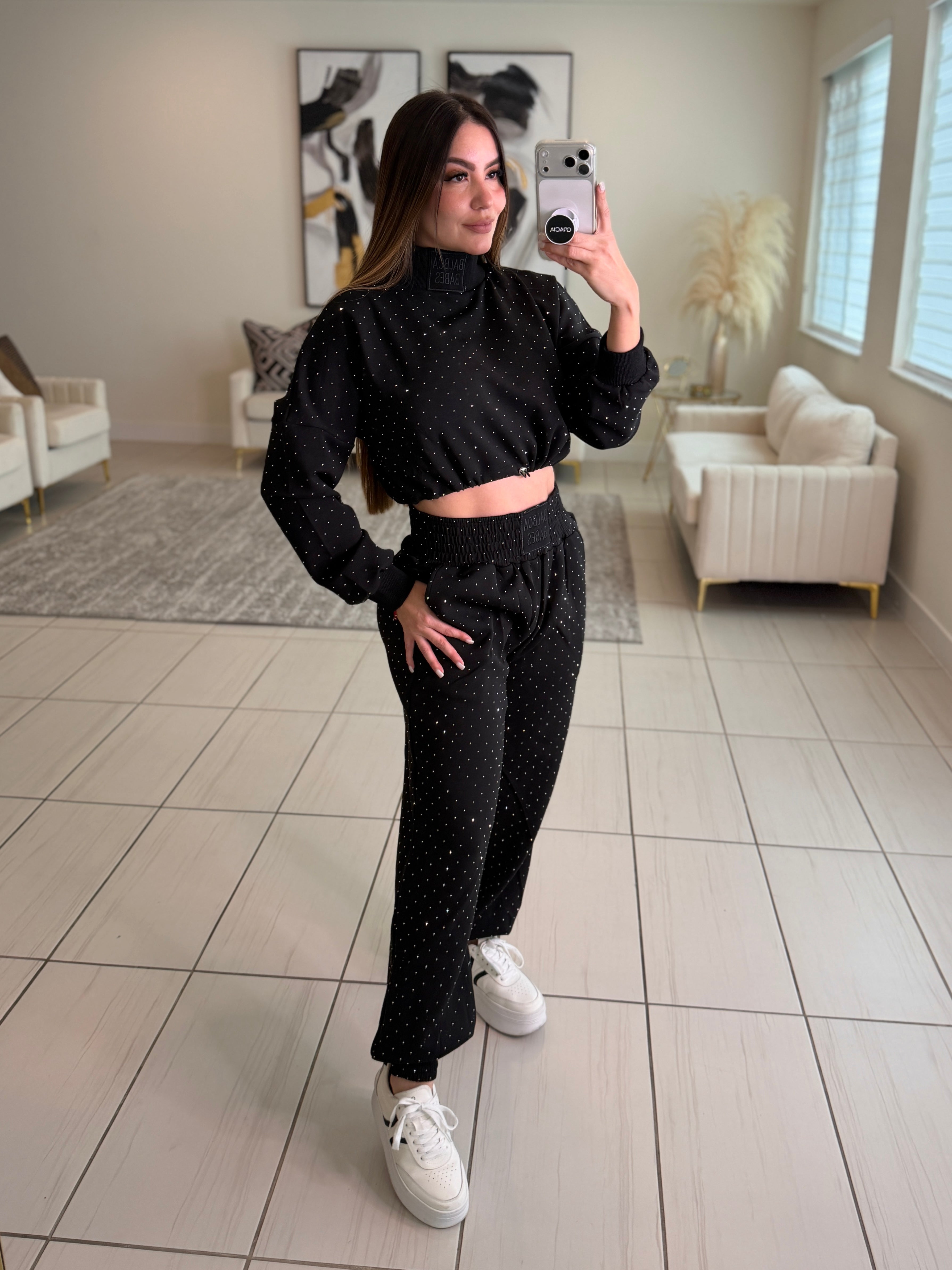 Midnight Rhinestone Black Pants Set