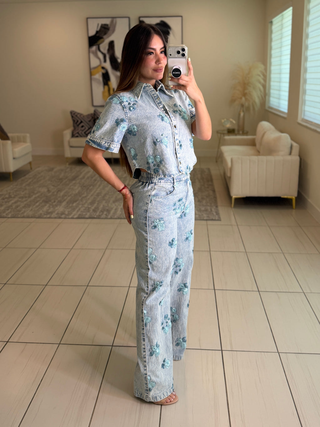 Blossom Sequin Denim Pant Set