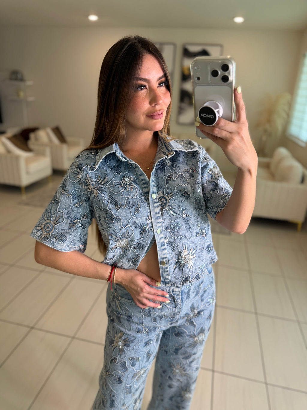 Blossom Sequin Denim Pant Set