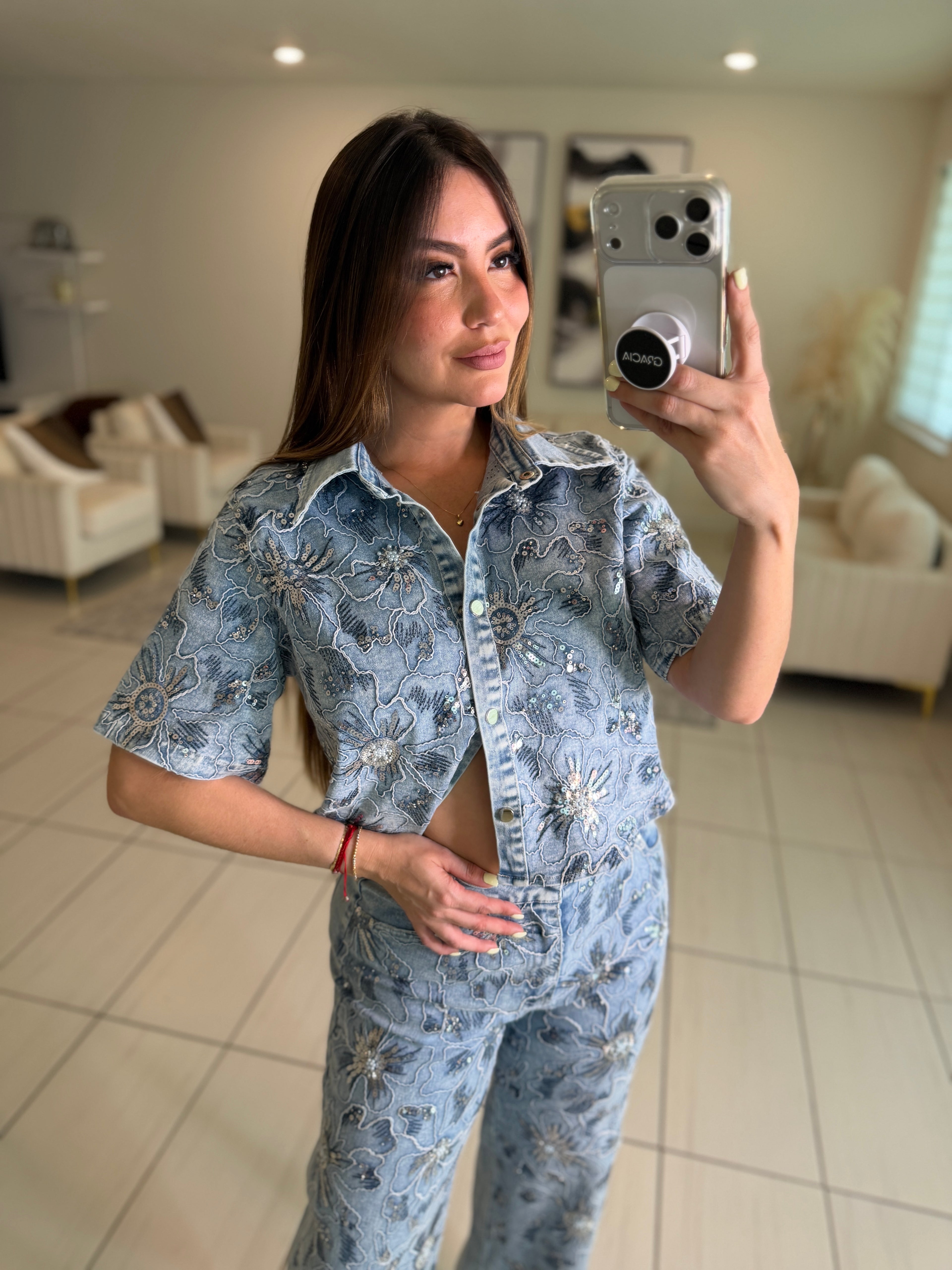 Blossom Sequin Denim Pant Set