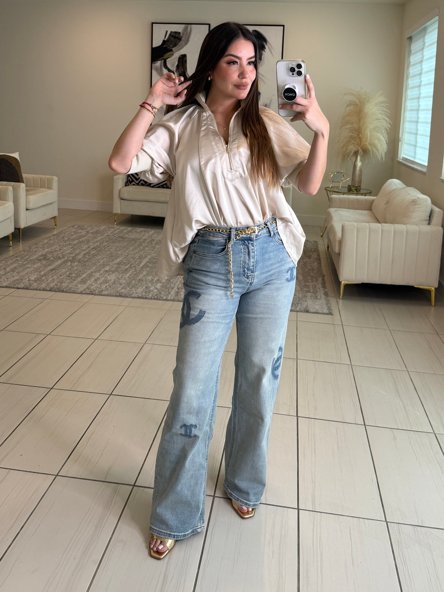 Mock Nek Band Puff Beige Top