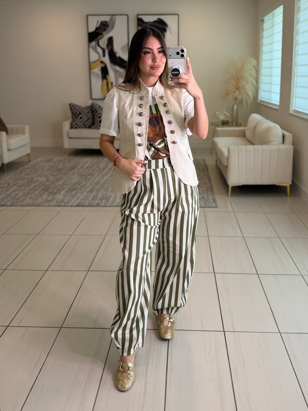 Italian Stripes Green Barrel Pants