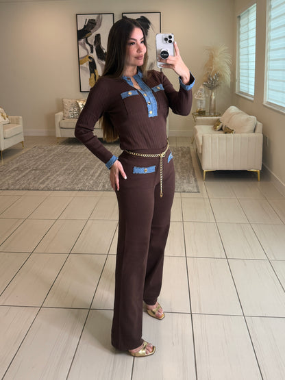 Modern Frame Knit Brown Pant Set