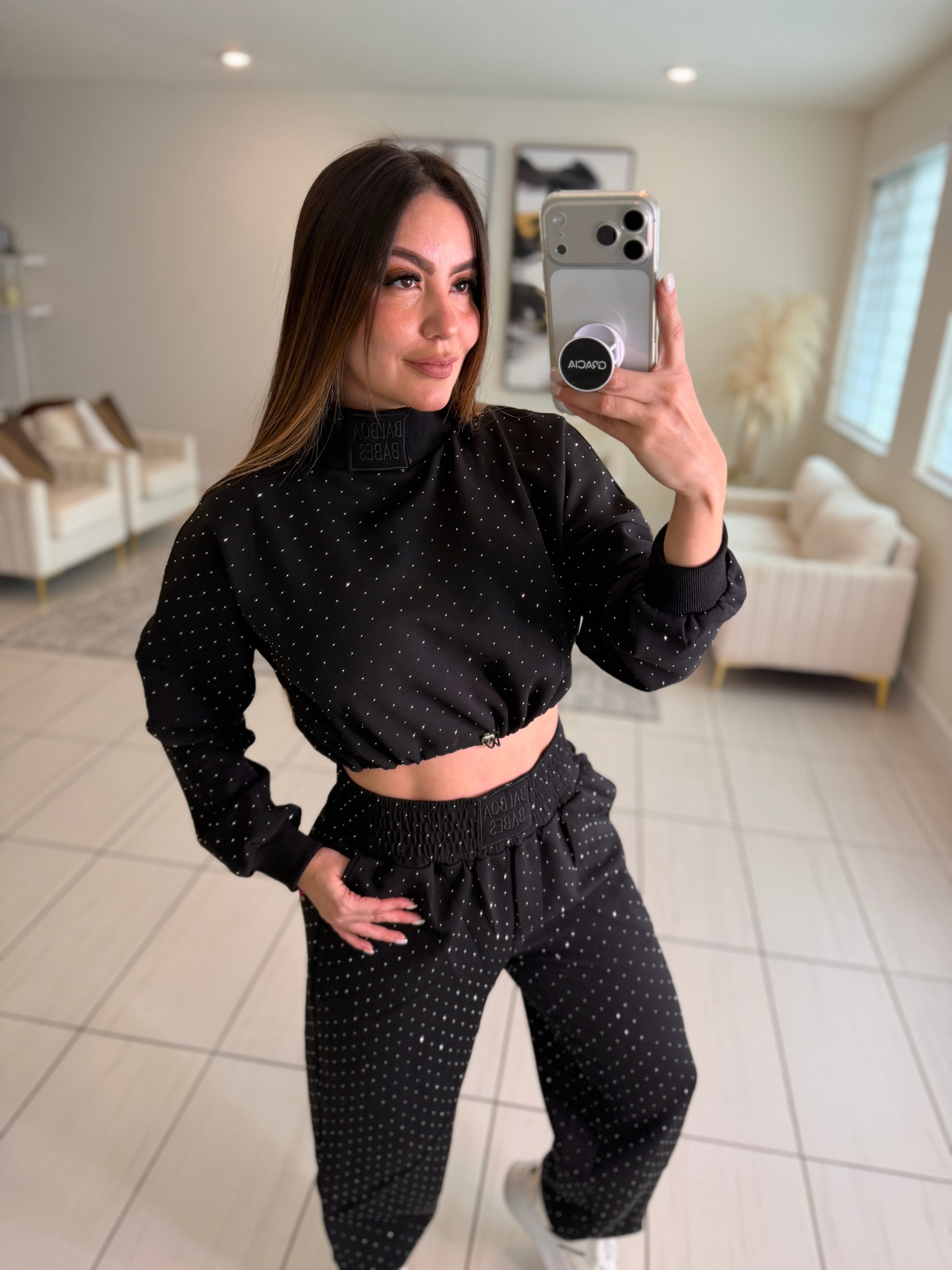 Midnight Rhinestone Black Pants Set