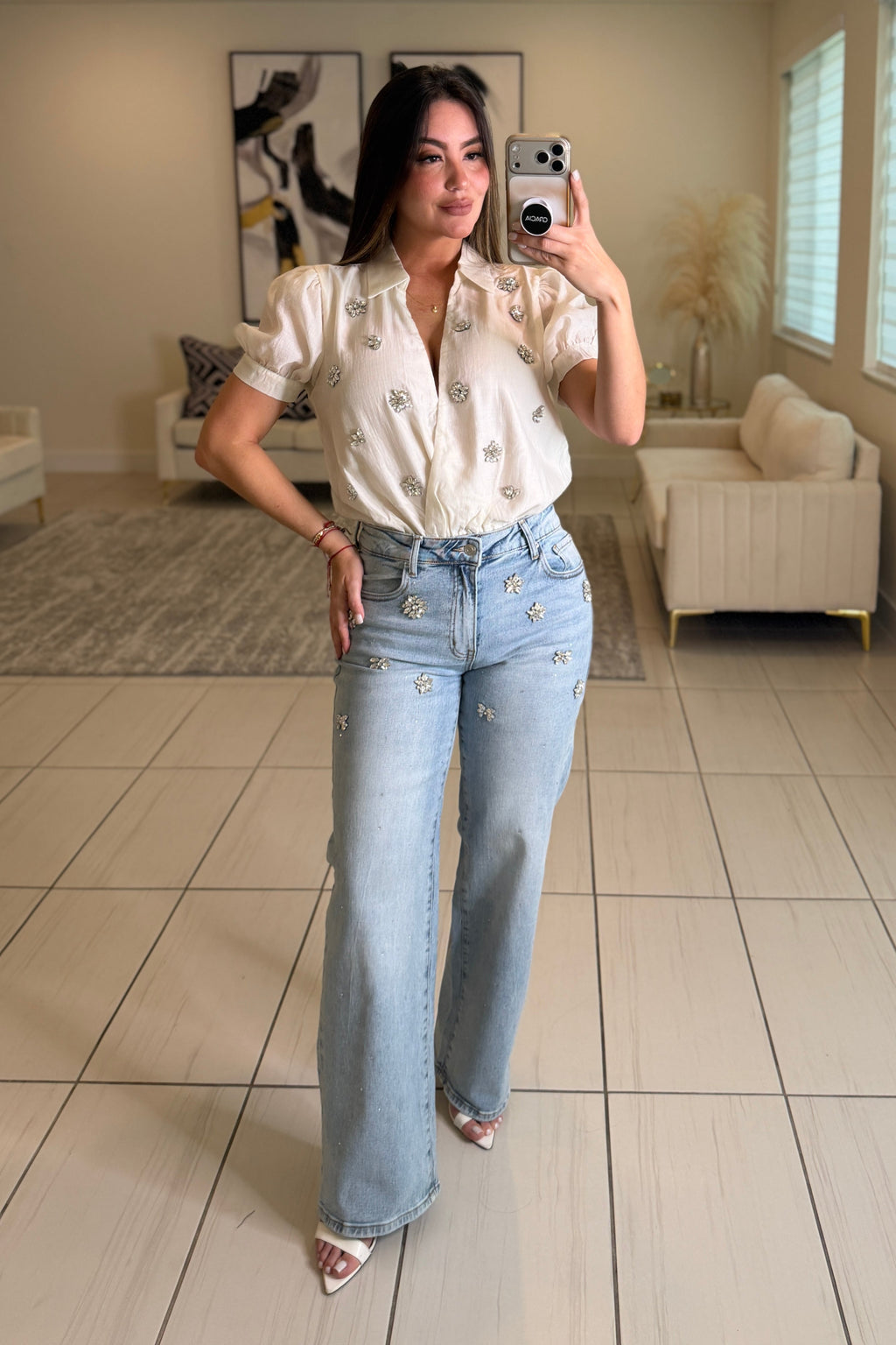 Sparkling Stones Flowers Denim Pants