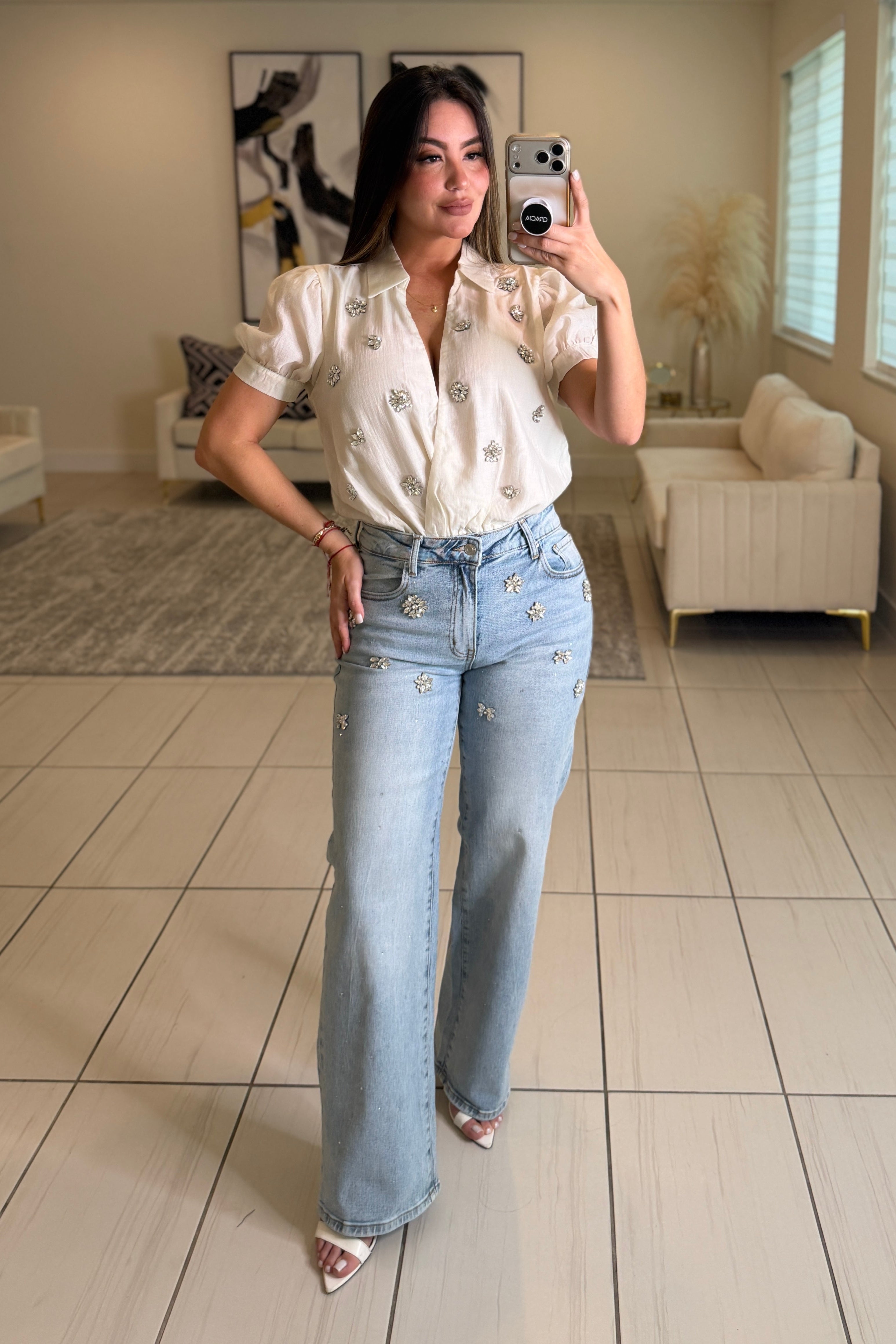 Sparkling Stones Flowers Denim Pants