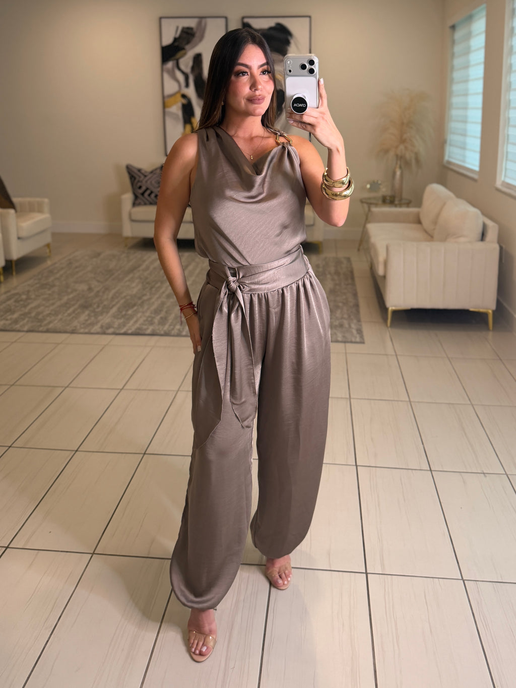 Effortless Essence Ruched Taupe Pant Set