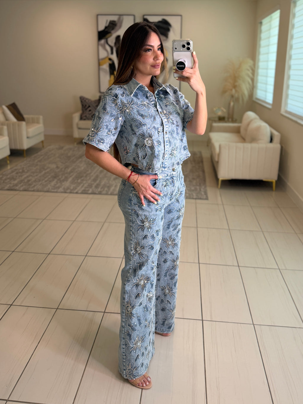 Blossom Sequin Denim Pant Set