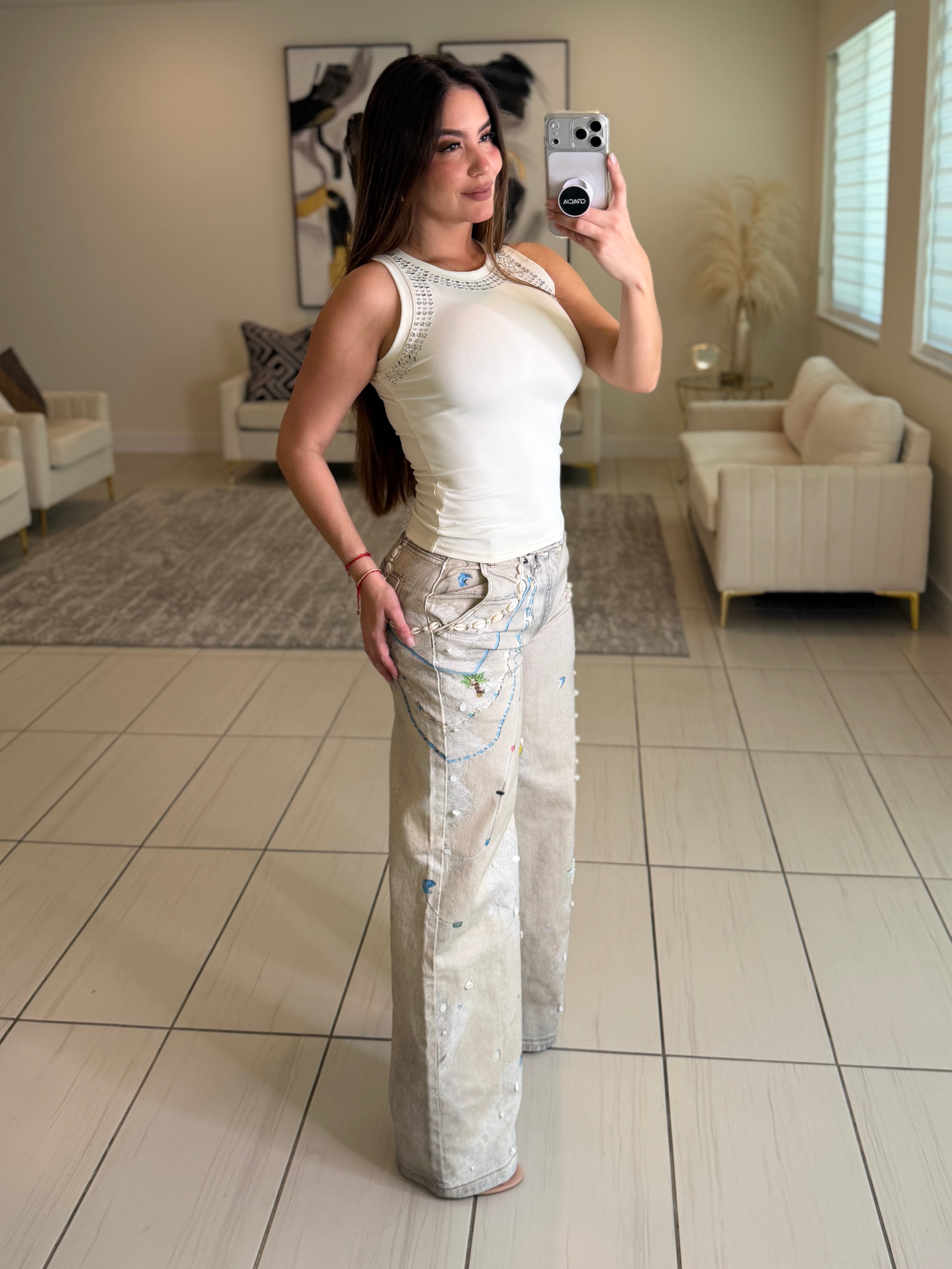 Glam Seashells Beige Denim Pants