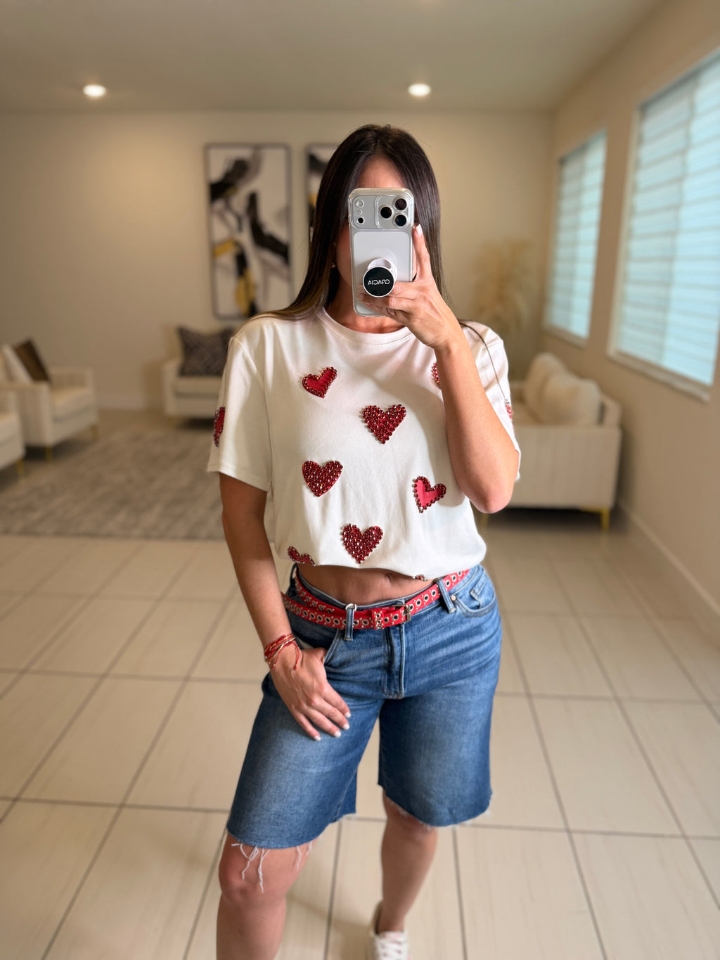 Rhinestones Hearts White Tshirt