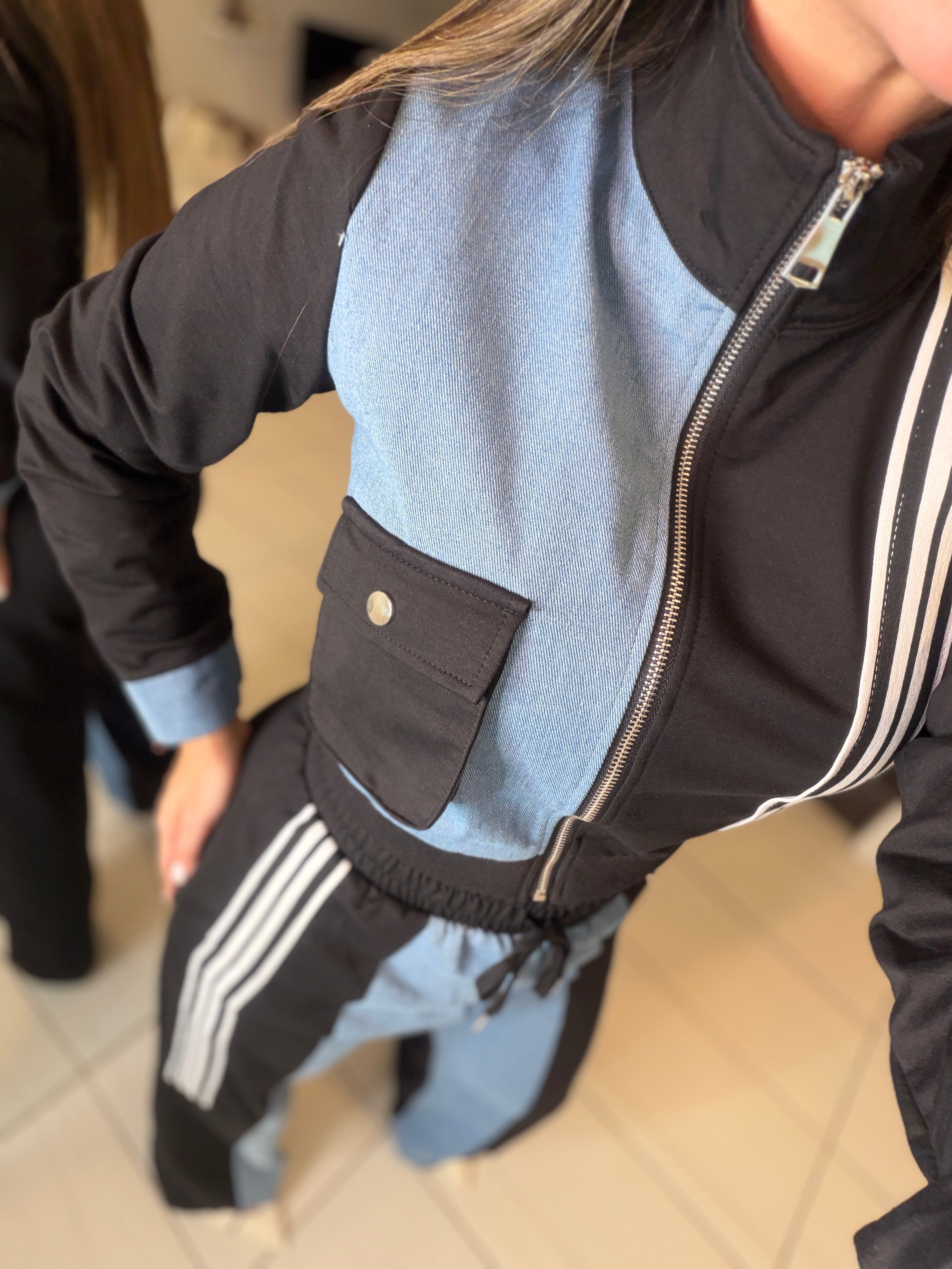 Divine Black and Denim Contrast Pant Set