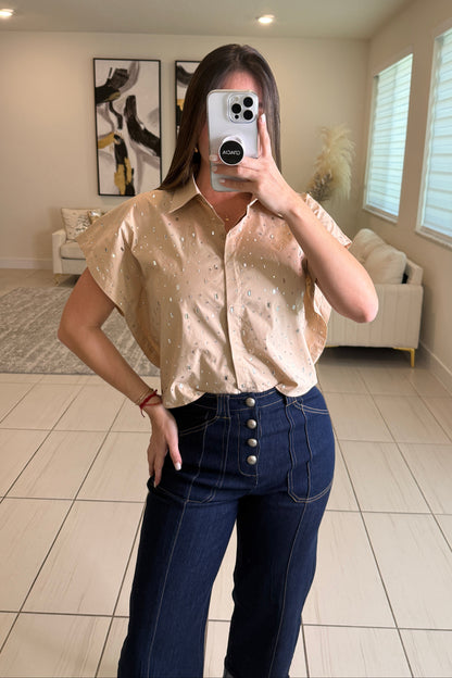 Frame Rhinestone Beige Top
