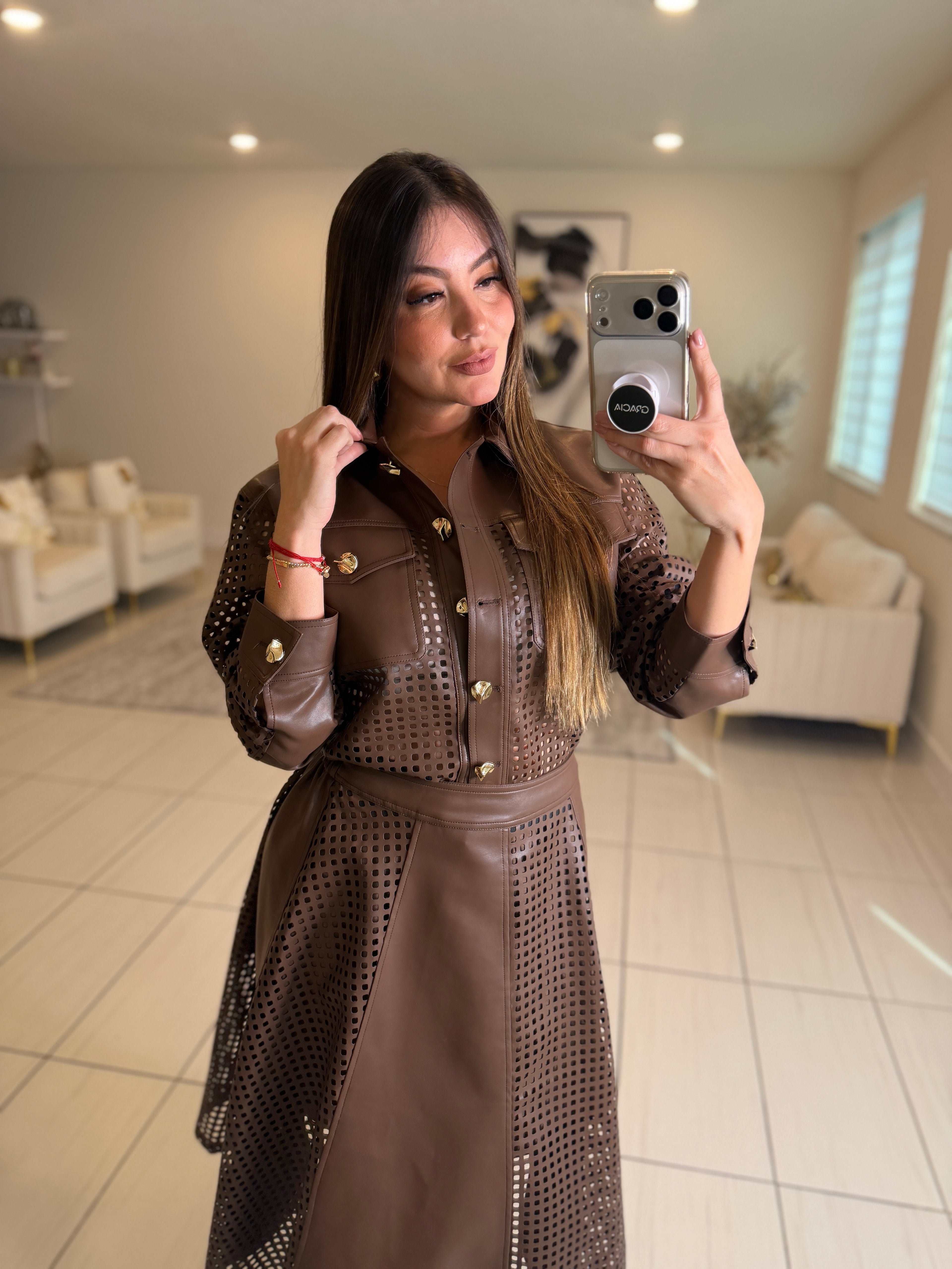 Luxe Faux Leather Brown Skirt Set