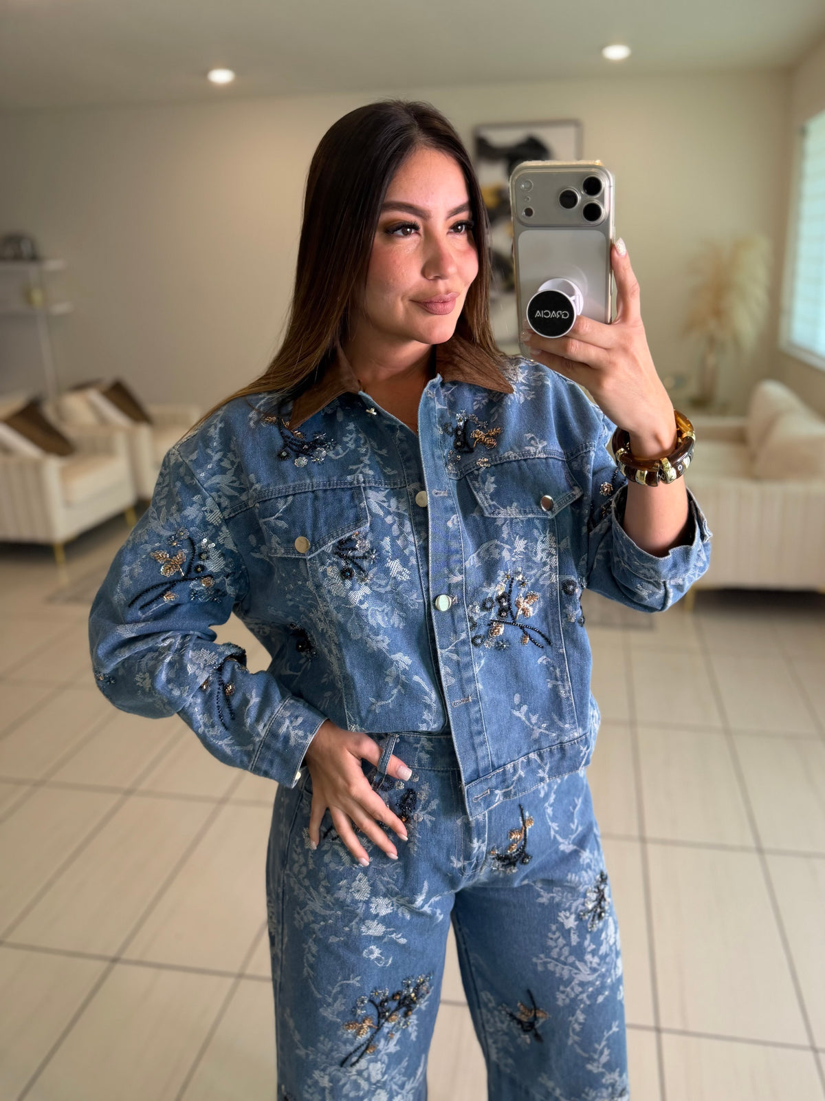 Sequin Blossom Denim Barrel Pant Set