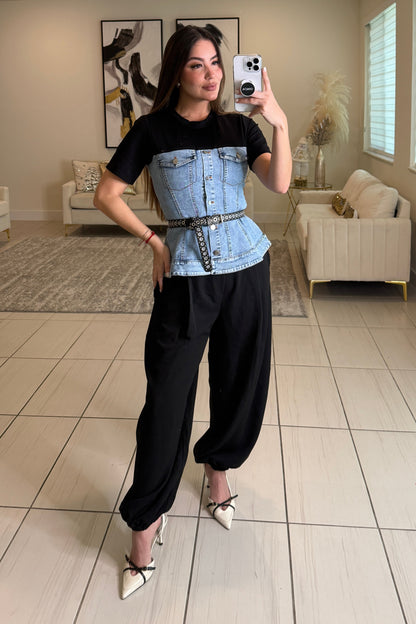 Draped Contrast Black and Denim Top