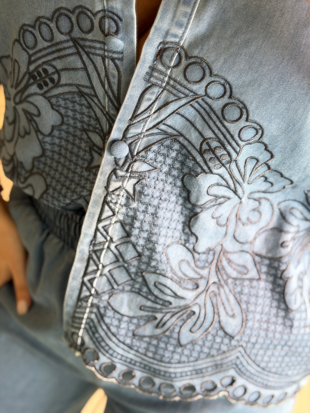 Paradise Embroidered Denim Pant Set